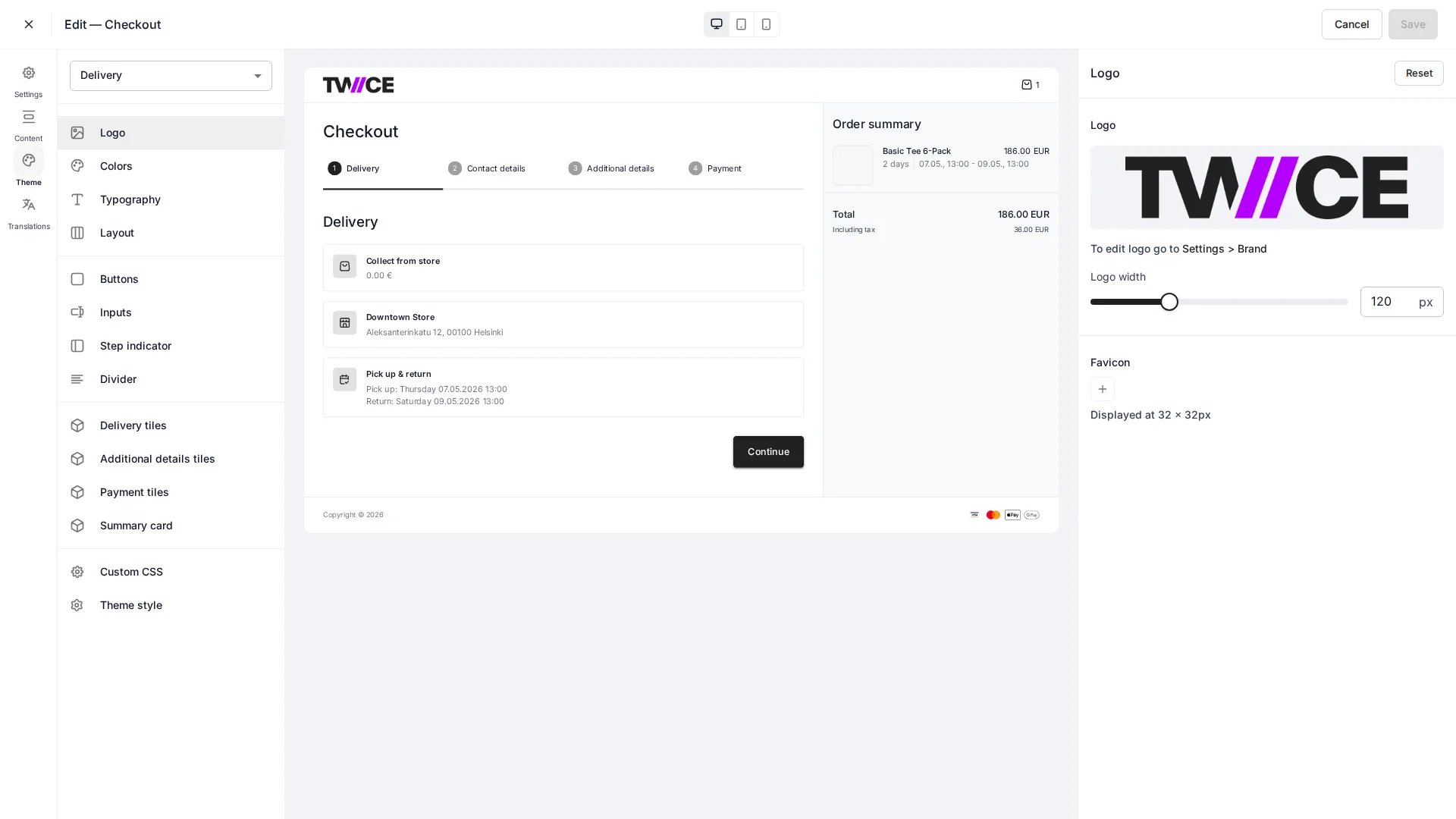 Checkout styling panels for colours, typography, and components