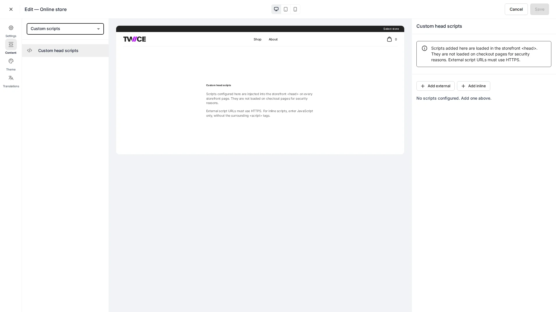 Custom scripts editor showing external and inline script entries