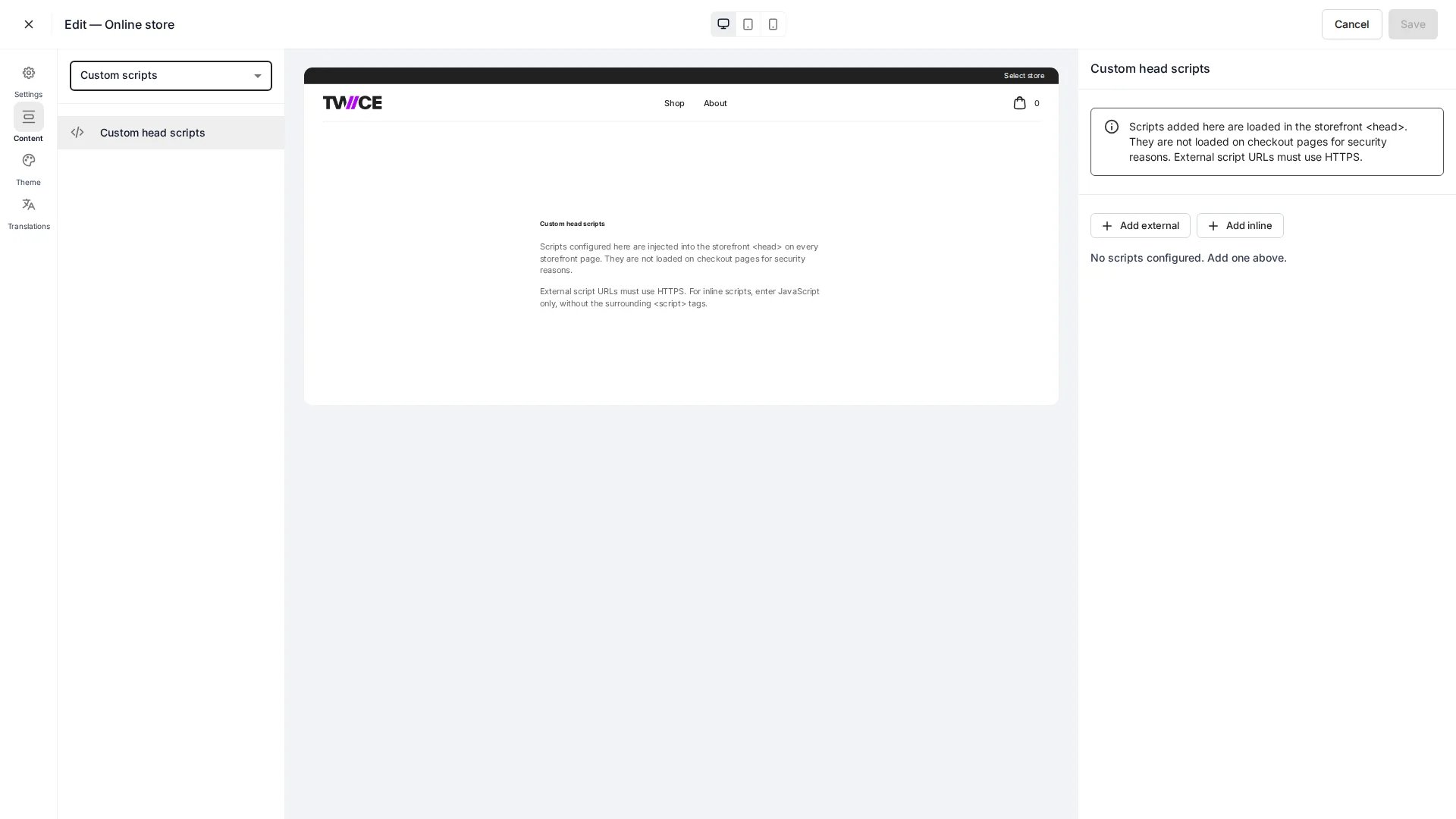 Custom scripts editor showing external and inline script entries