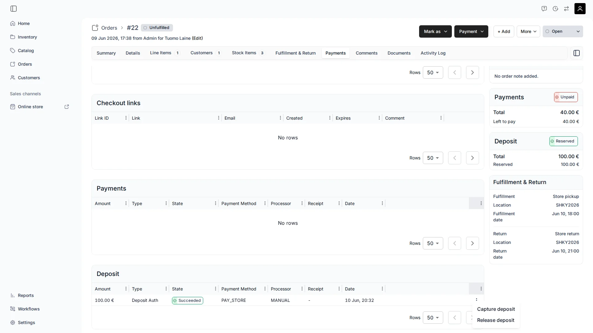 A deposit authorization on the order payment tab with capture and release actions