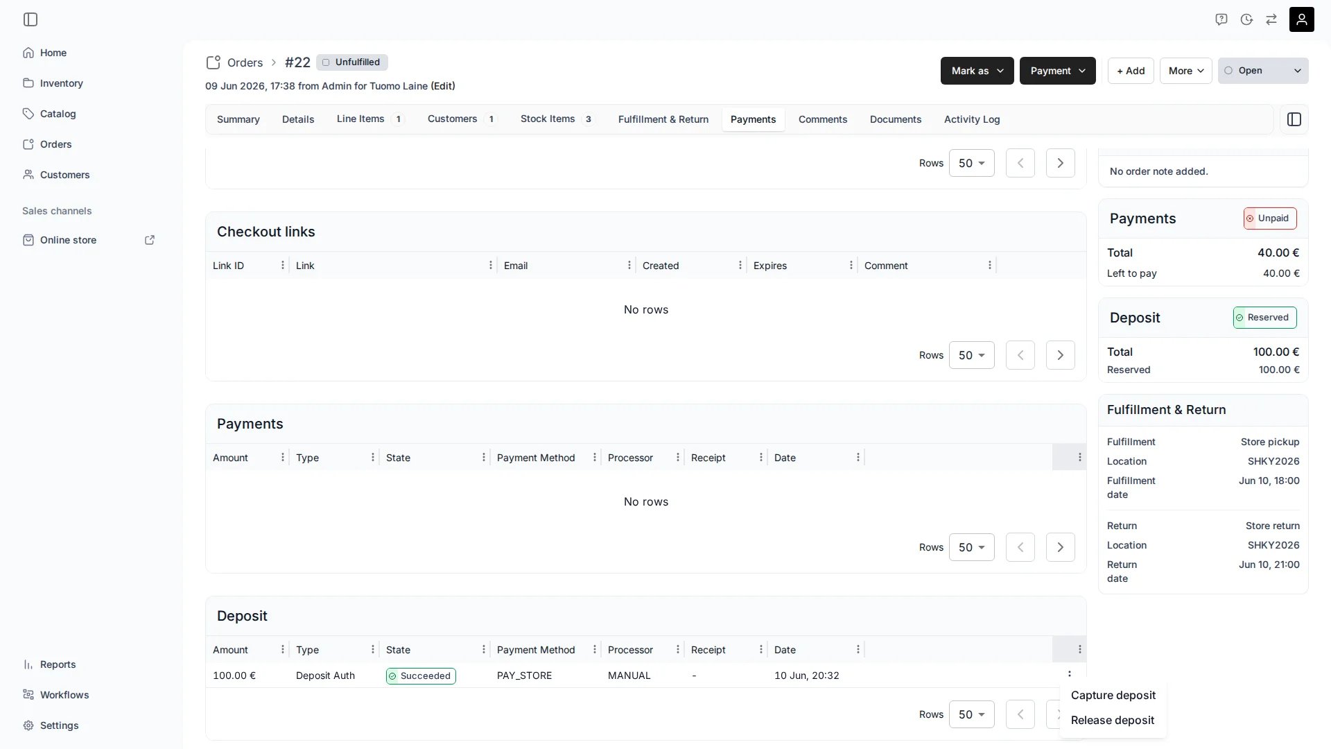 A deposit authorization on the order payment tab with capture and release actions