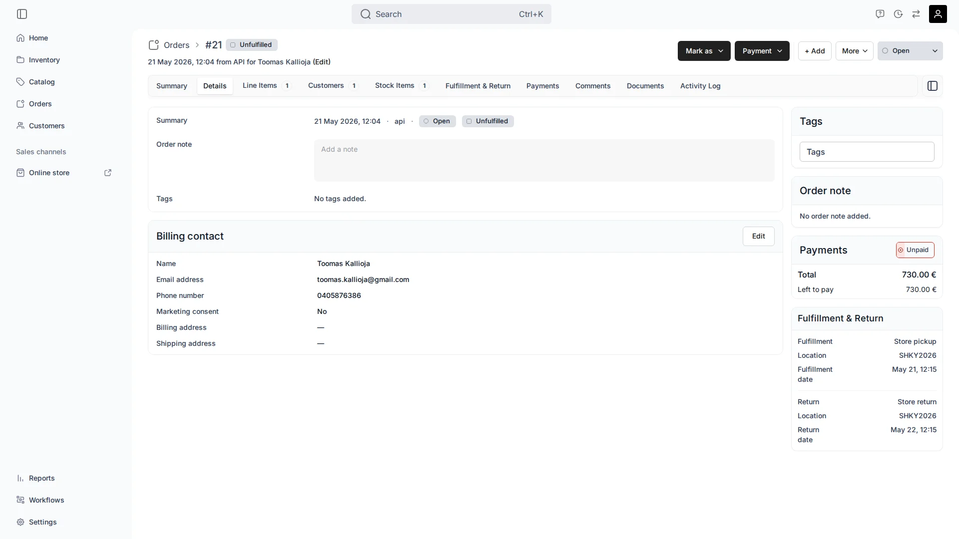 Order details tab showing order metadata, note, tags, and billing contact