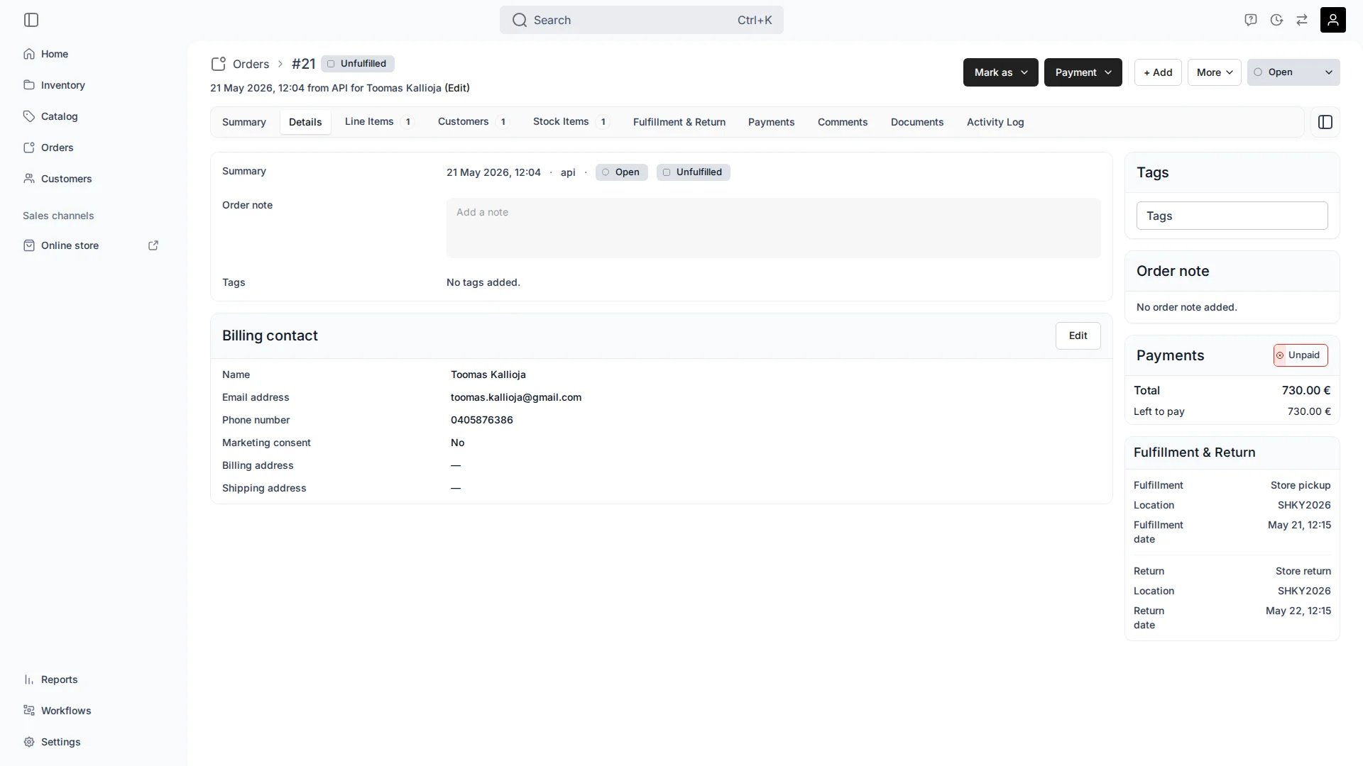 Order details tab showing order metadata, note, tags, and billing contact