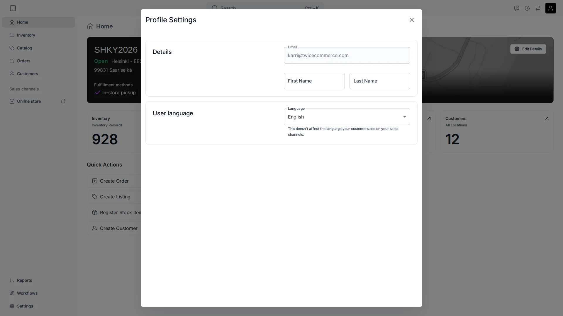 Profile Settings dialog showing details and user language