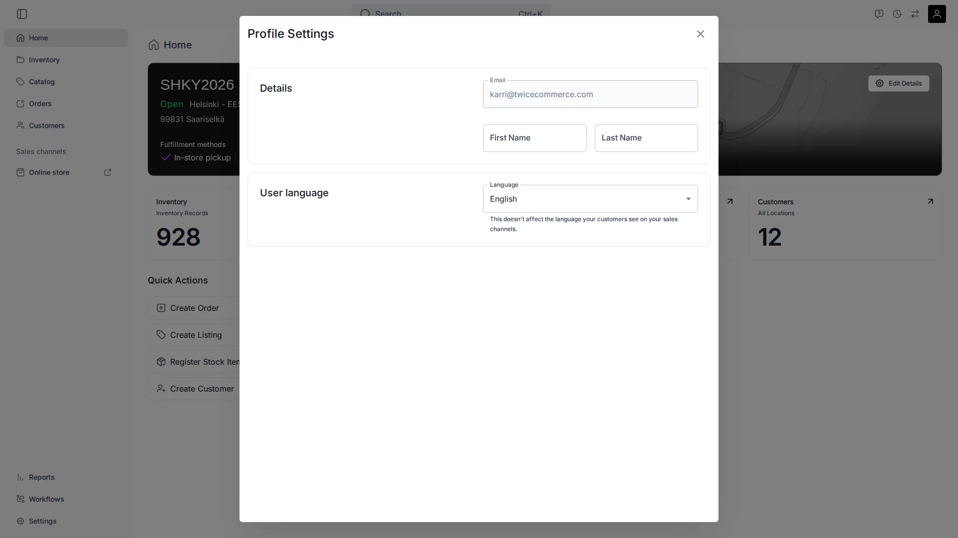 Profile Settings dialog showing details and user language