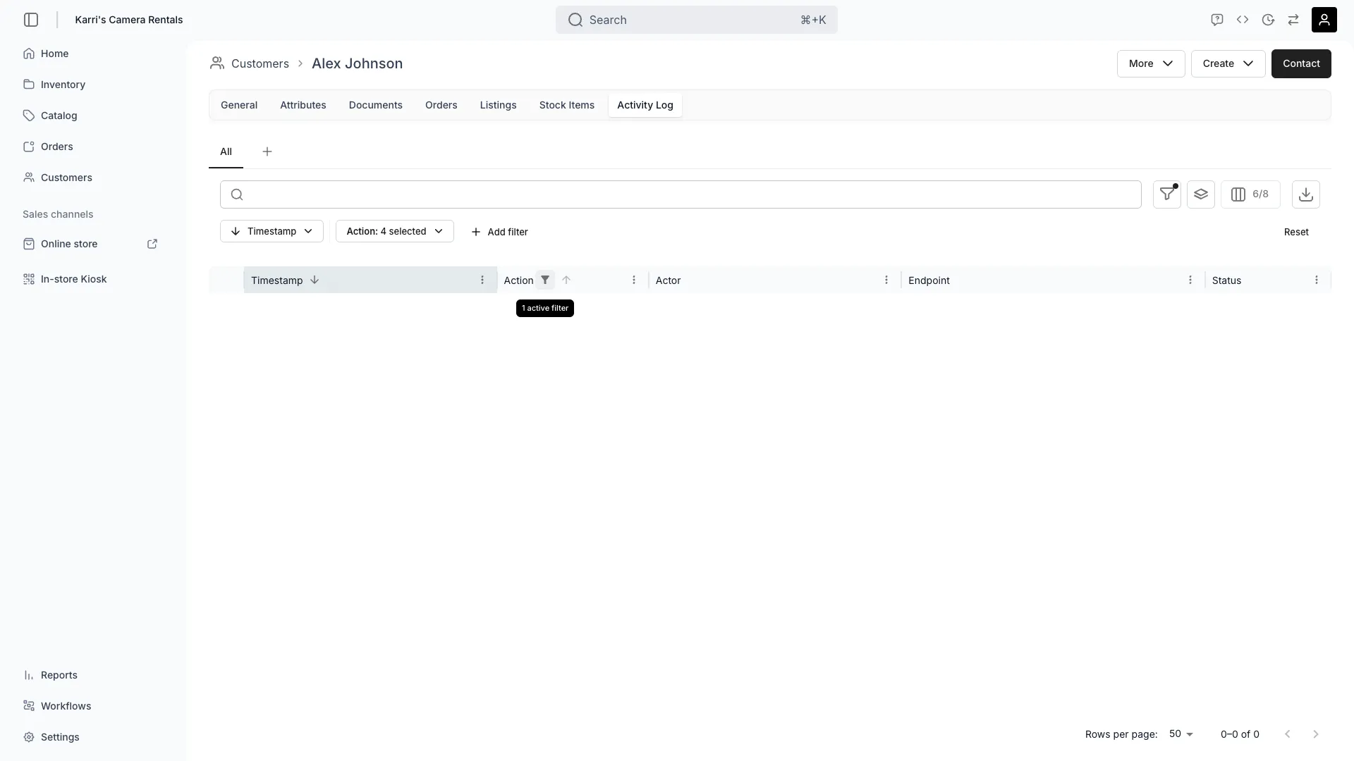 Customer activity log showing change history