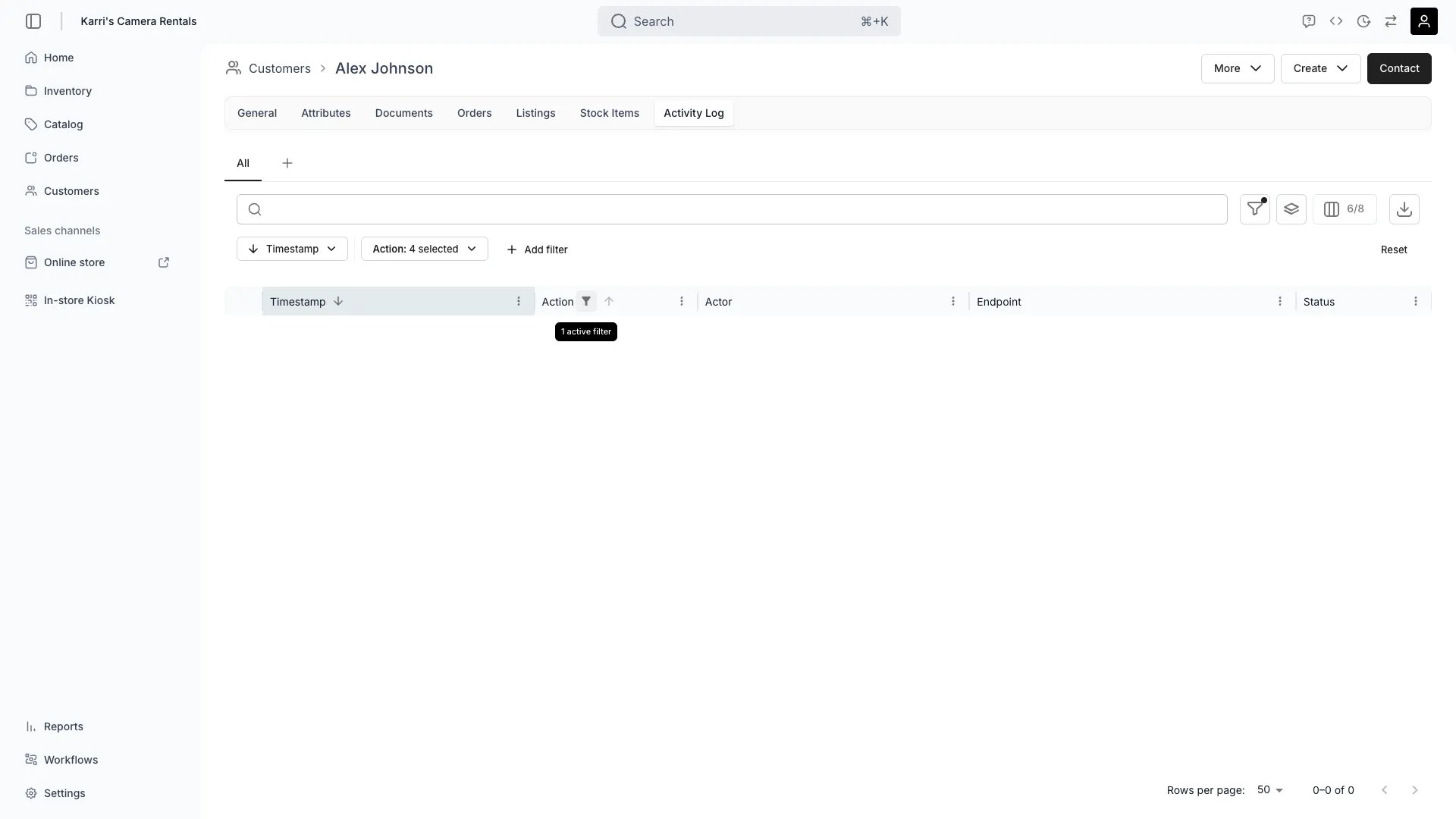 Customer activity log showing change history