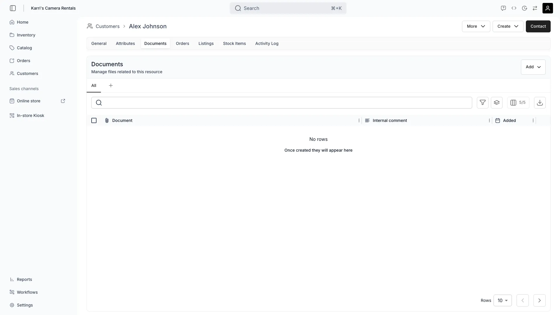 Customer documents tab showing attached files