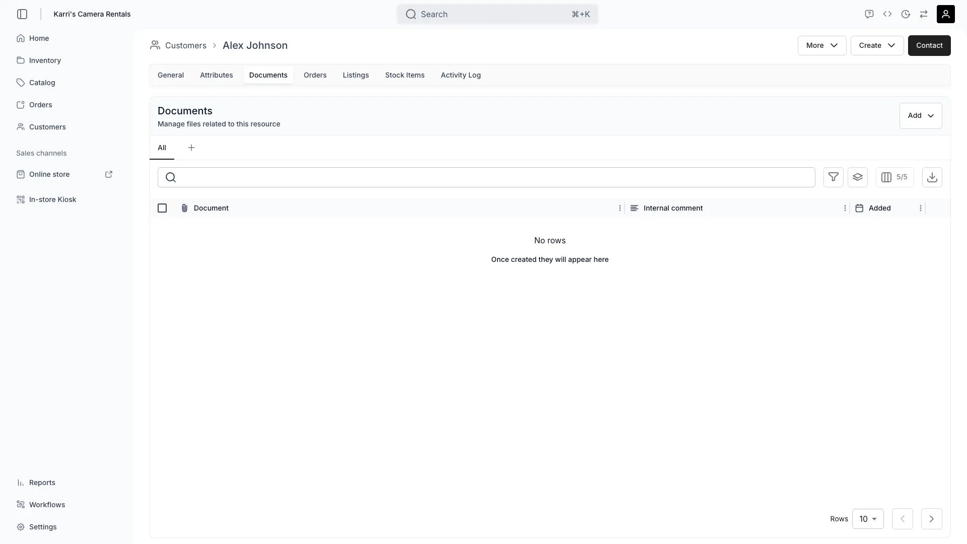 Customer documents tab showing attached files