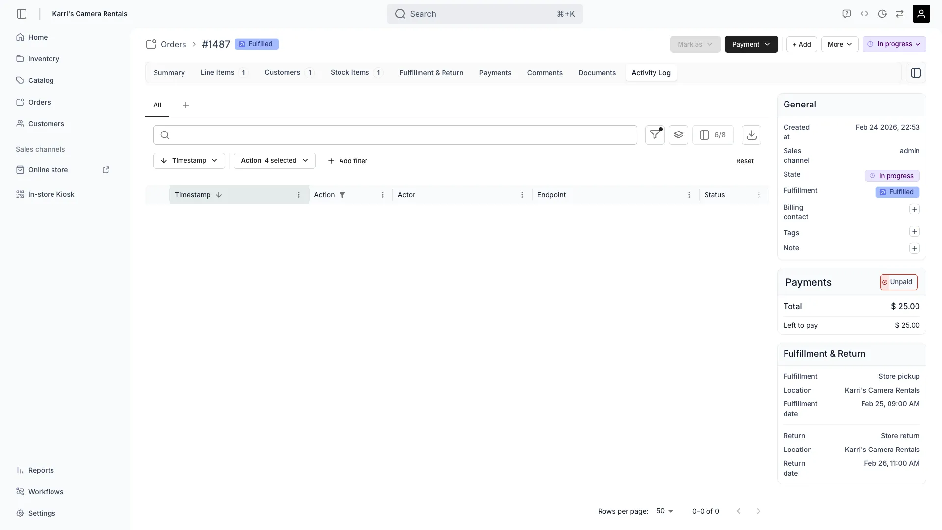 Order activity log showing change history