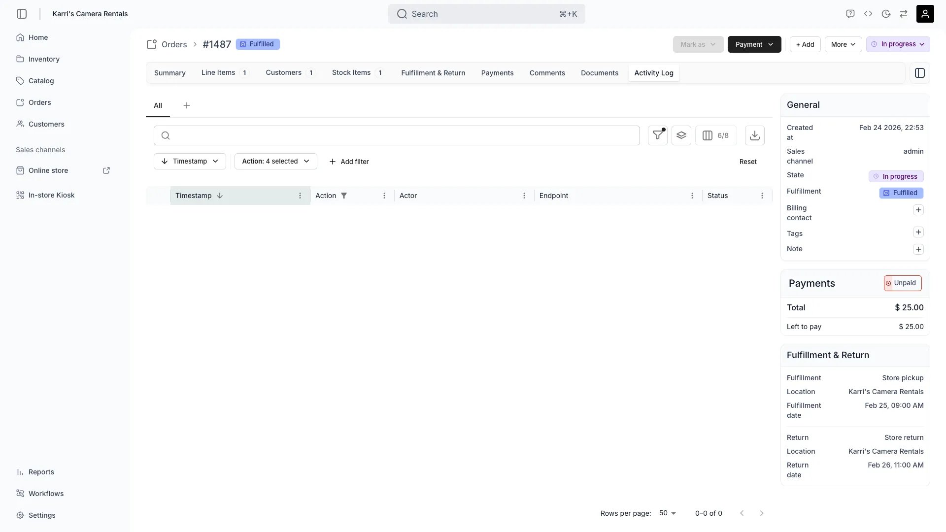 Order activity log showing change history