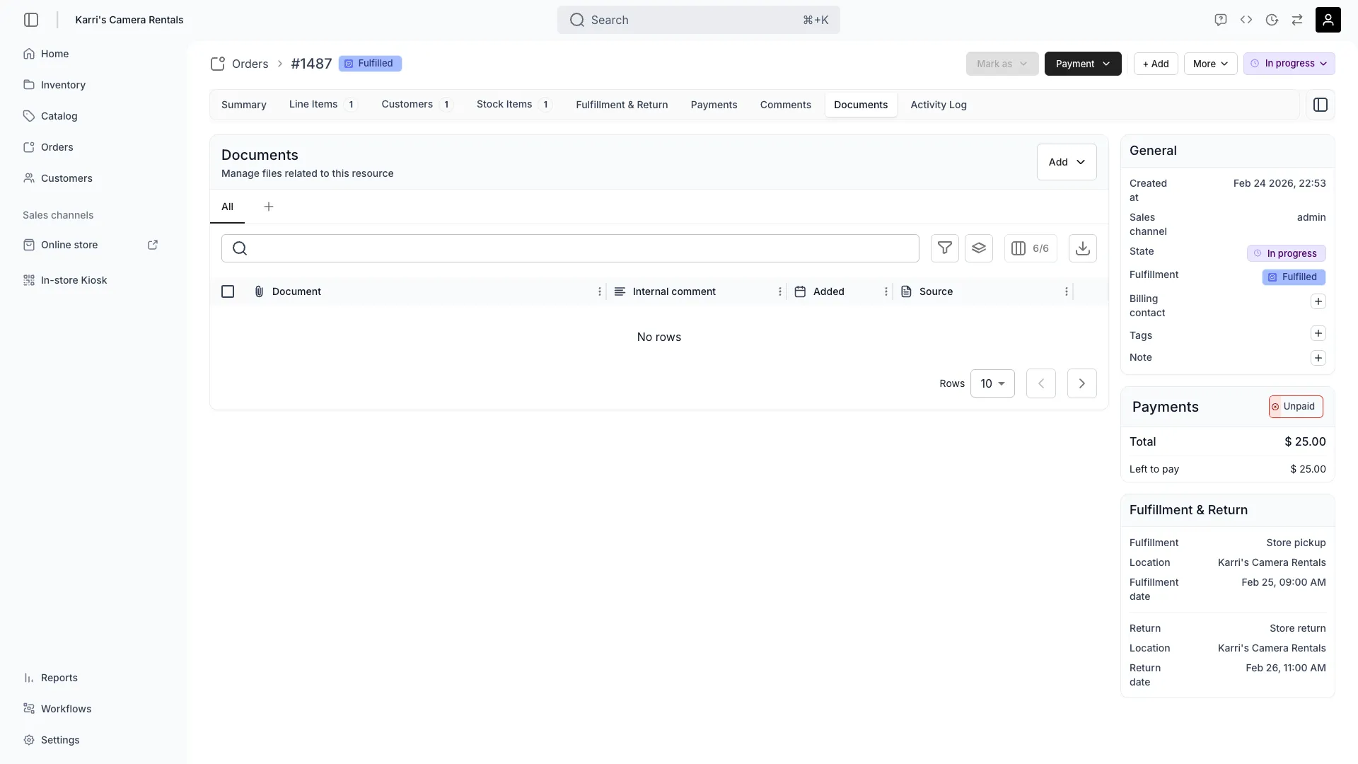 Order attachments tab showing uploaded files
