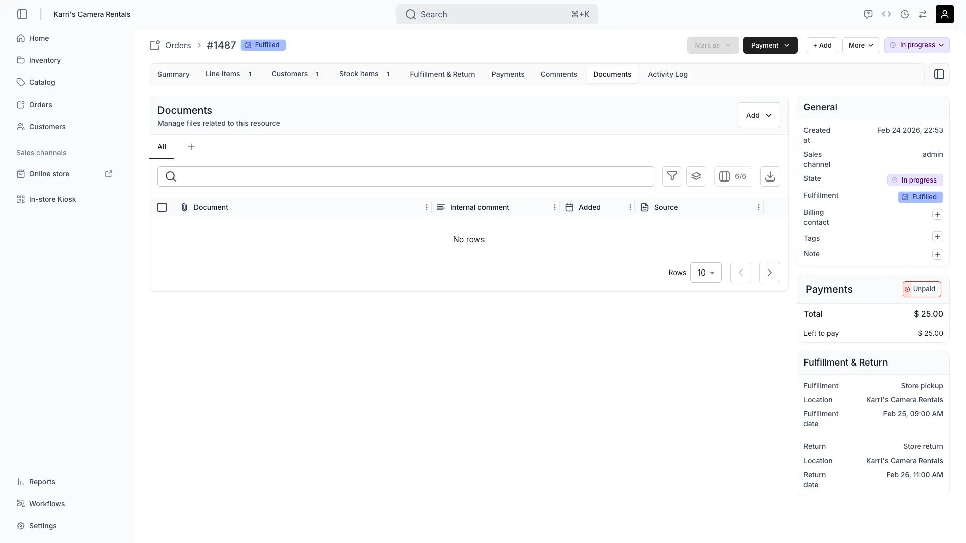Order attachments tab showing uploaded files
