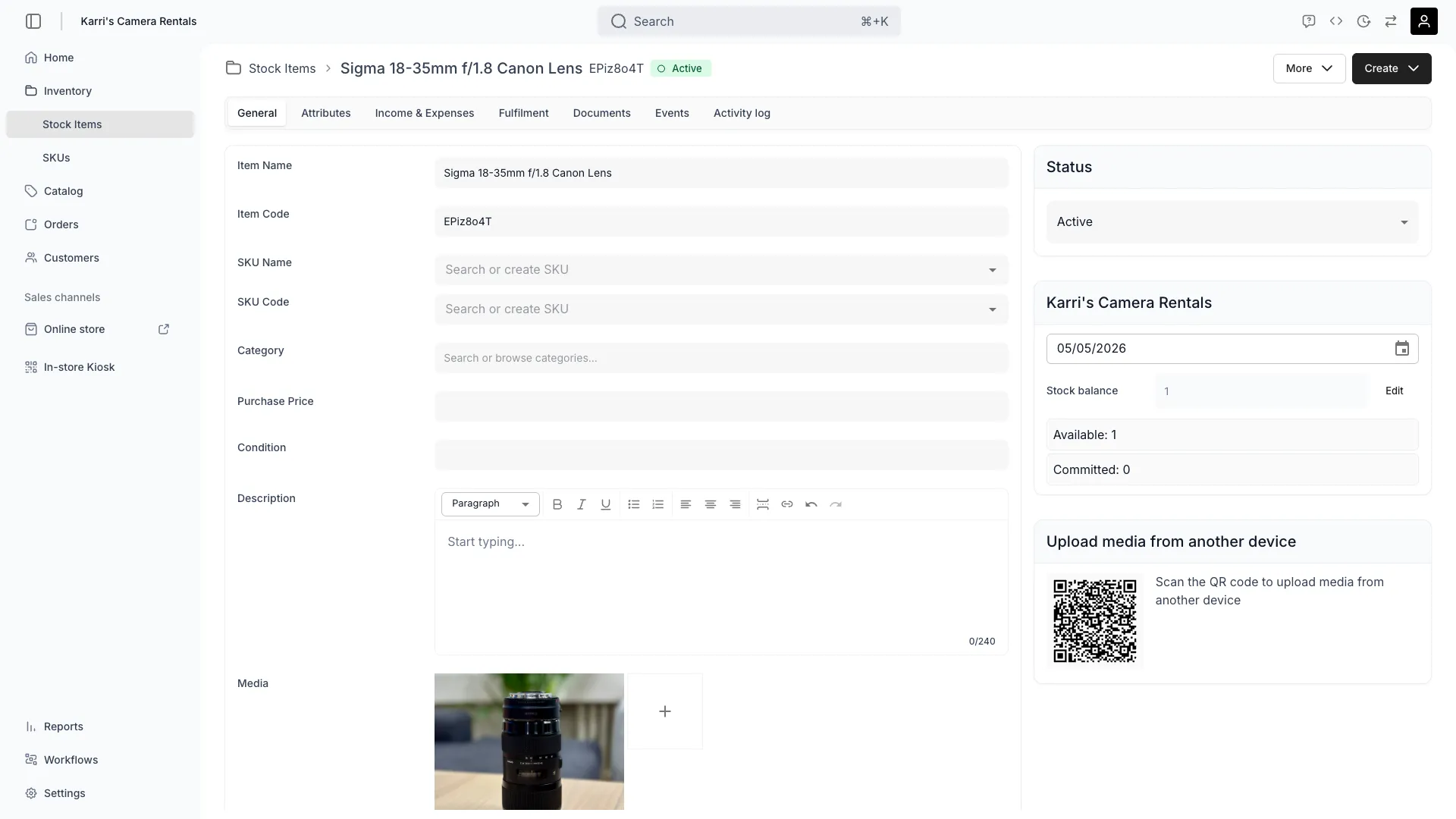 Stock item General tab showing the SKU Name and SKU Code fields, status, and stock balance