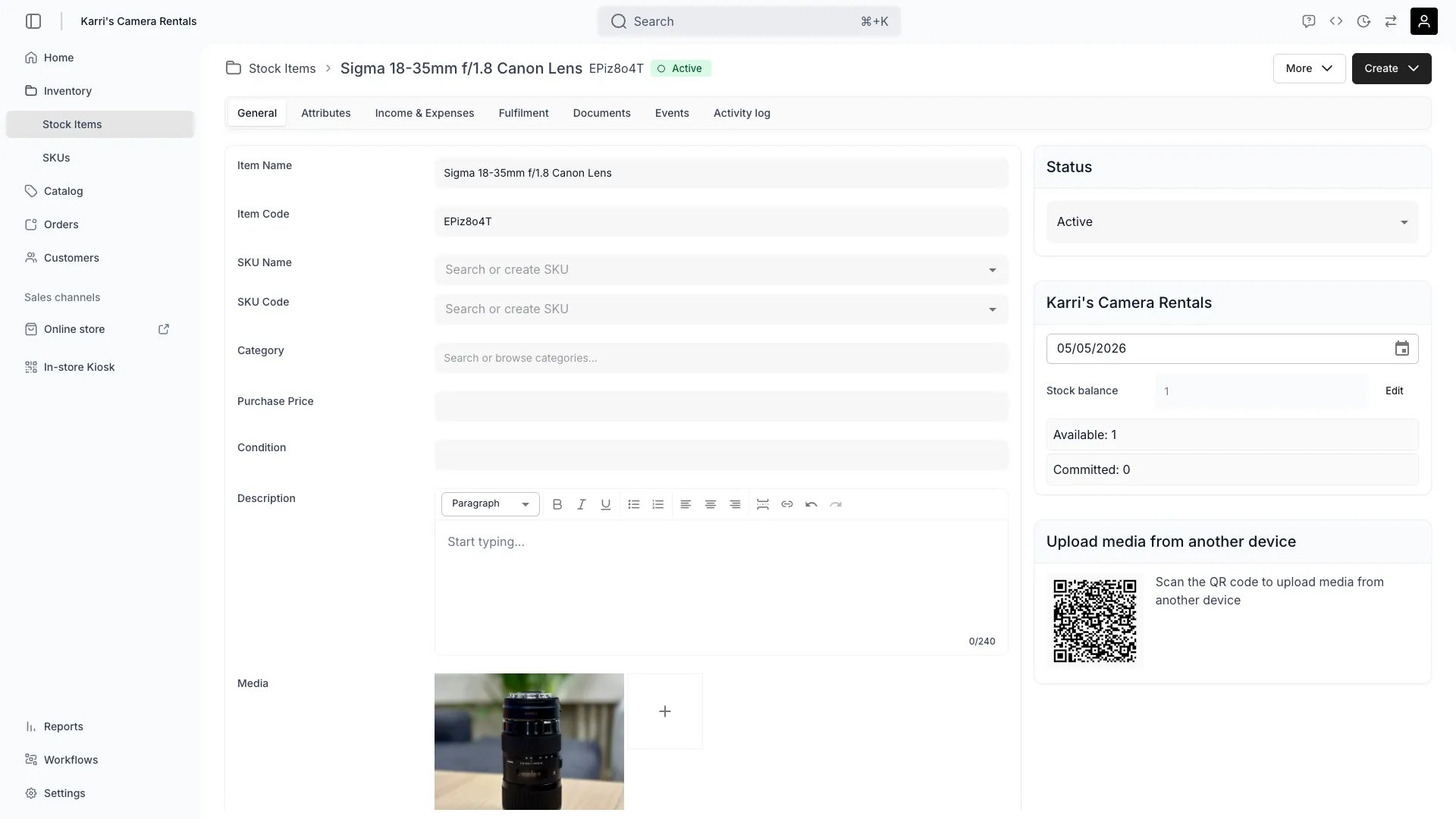 Stock item General tab showing the SKU Name and SKU Code fields, status, and stock balance
