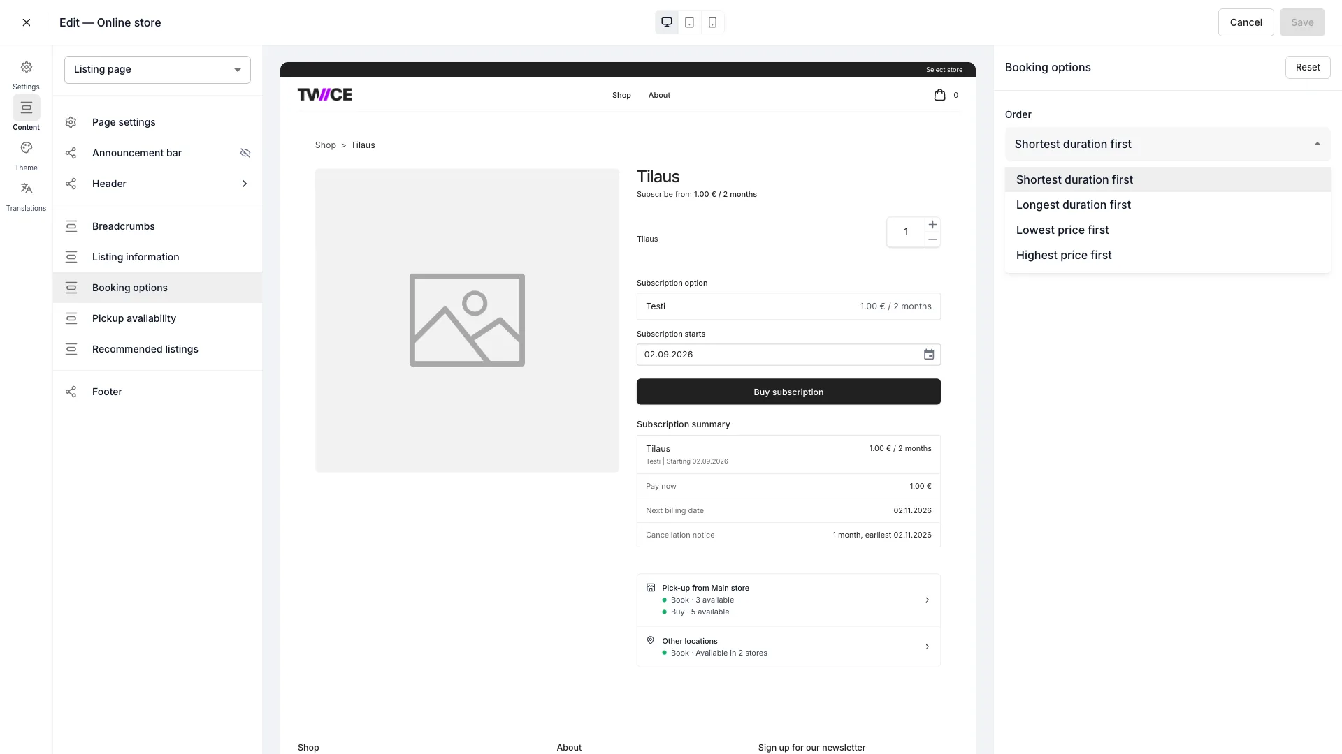 Booking options panel with the Order dropdown open on its four values