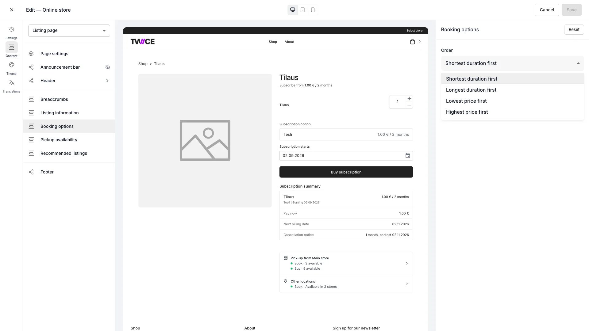 Booking options panel with the Order dropdown open on its four values