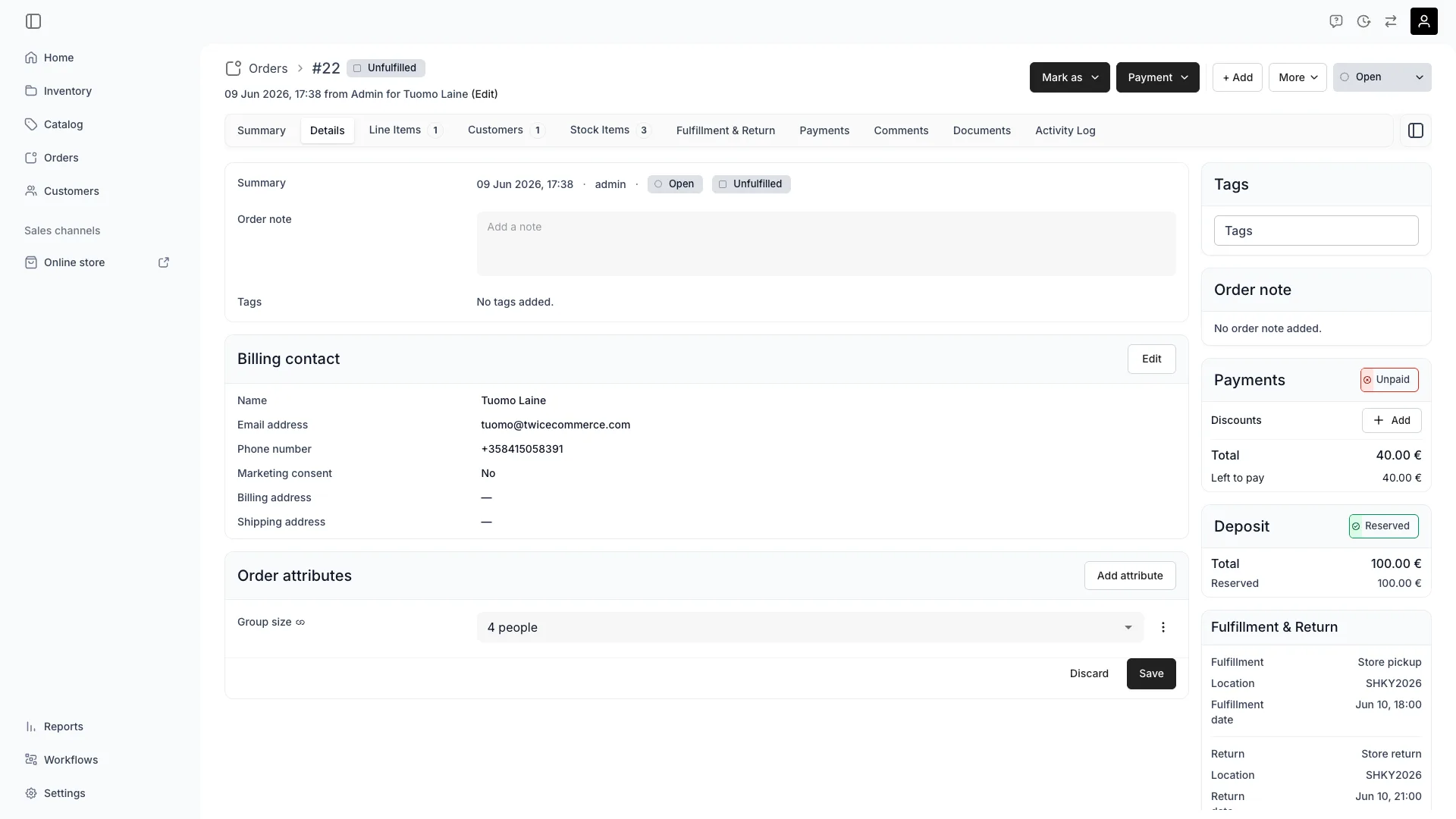 Order attributes card on the order detail page with an inline value editor