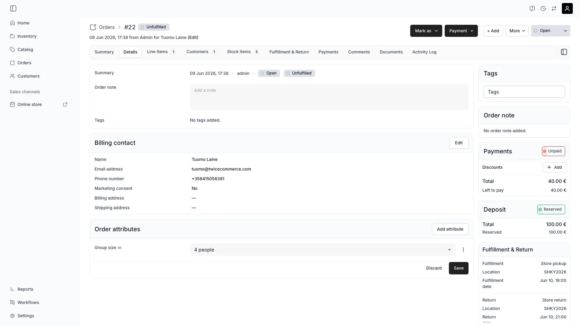 Order attributes card on the order detail page with an inline value editor