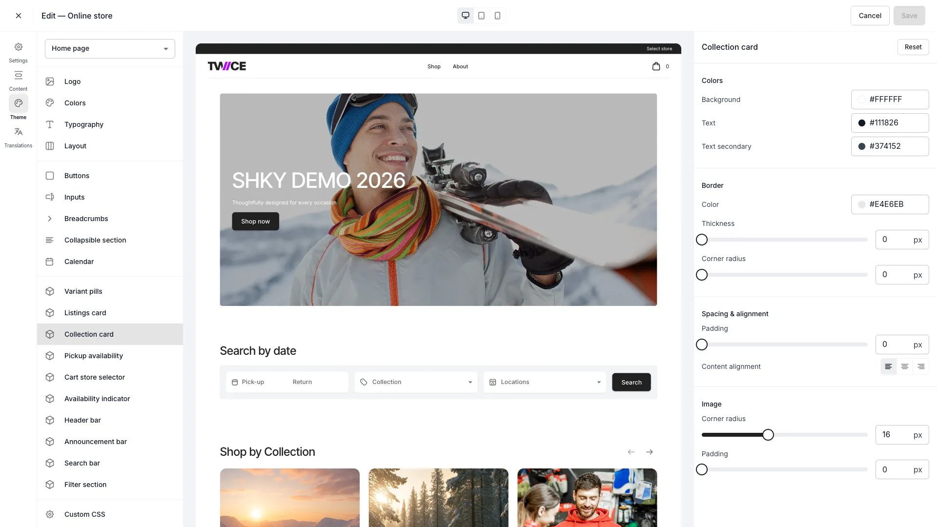 Collection card settings panel in the theme editor