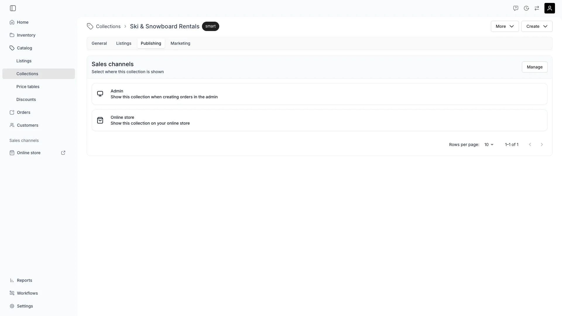 Collection Publishing tab with the Sales channels card listing Admin and Online store