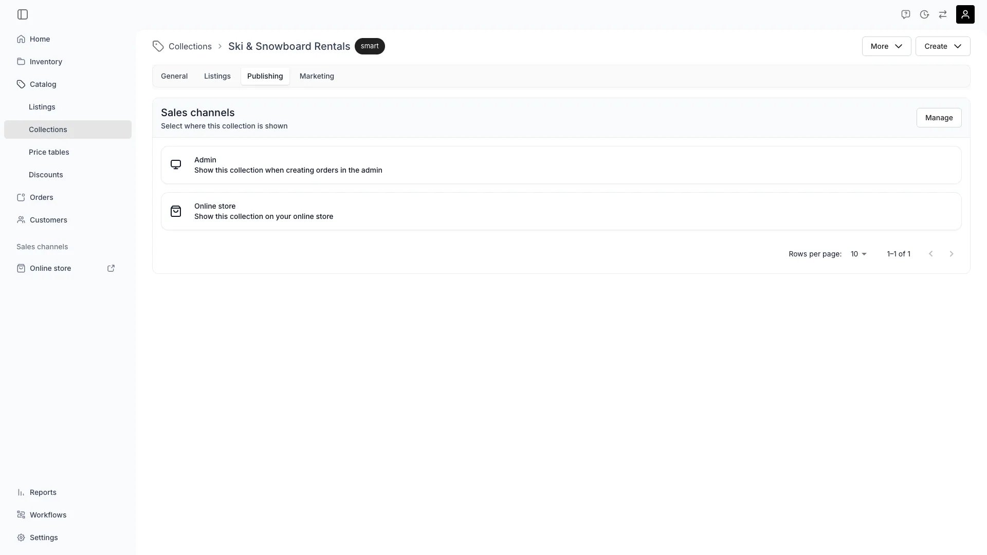 Collection Publishing tab with the Sales channels card listing Admin and Online store