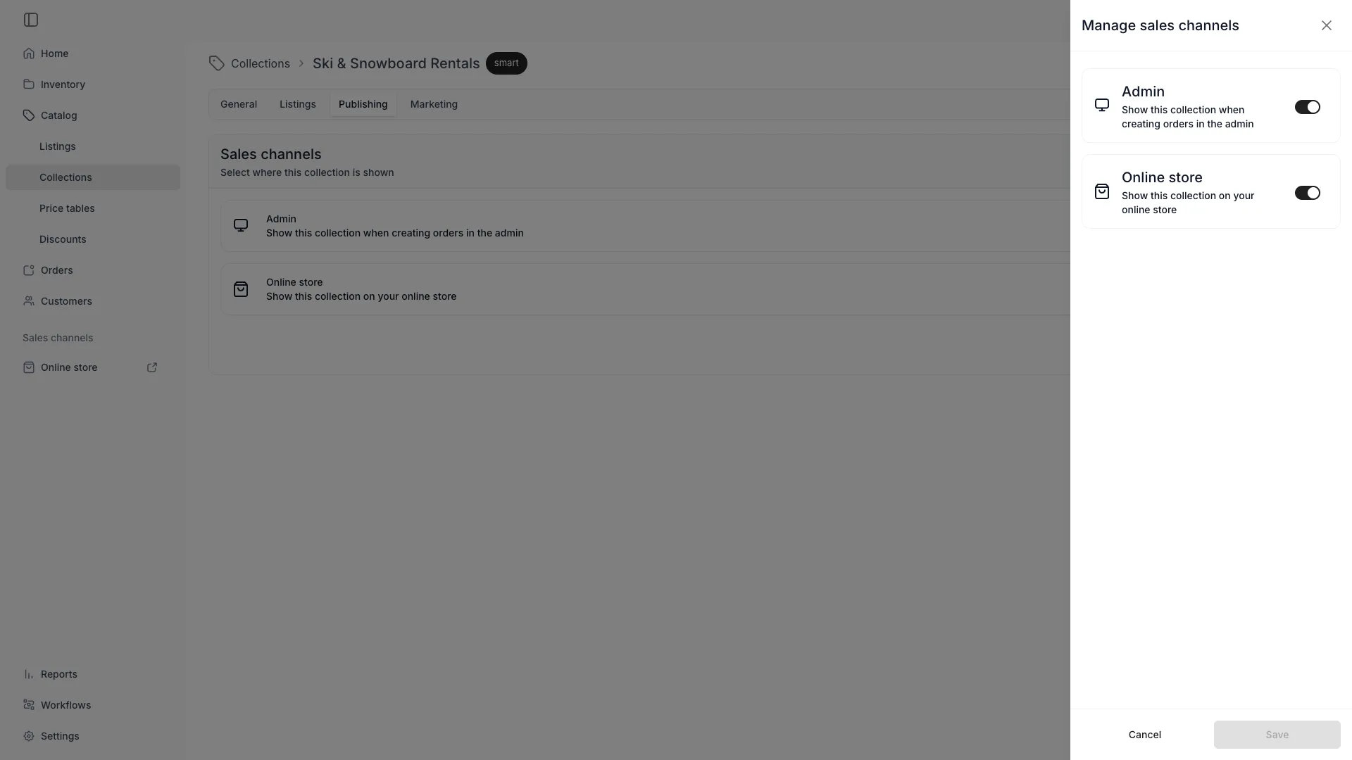 Manage sales channels drawer with the Admin and Online store switches both on