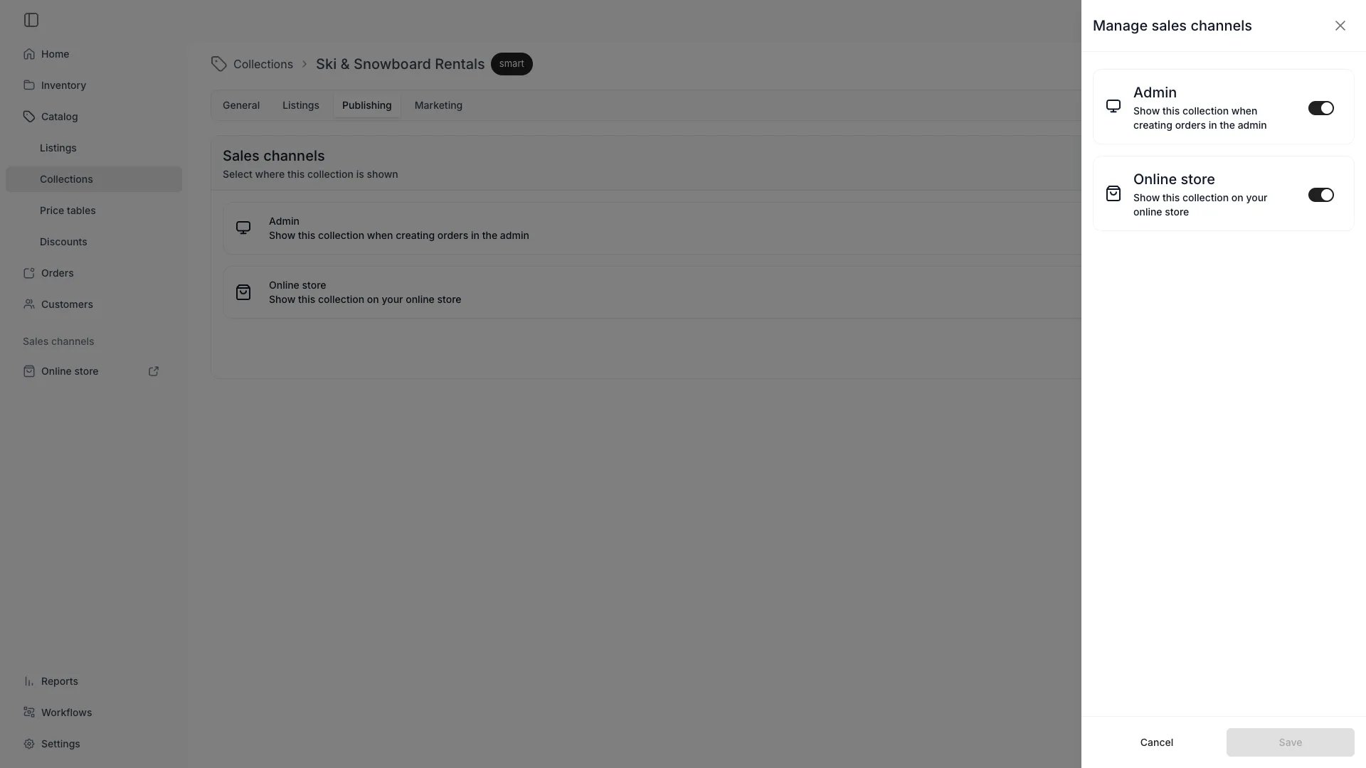 Manage sales channels drawer with the Admin and Online store switches both on