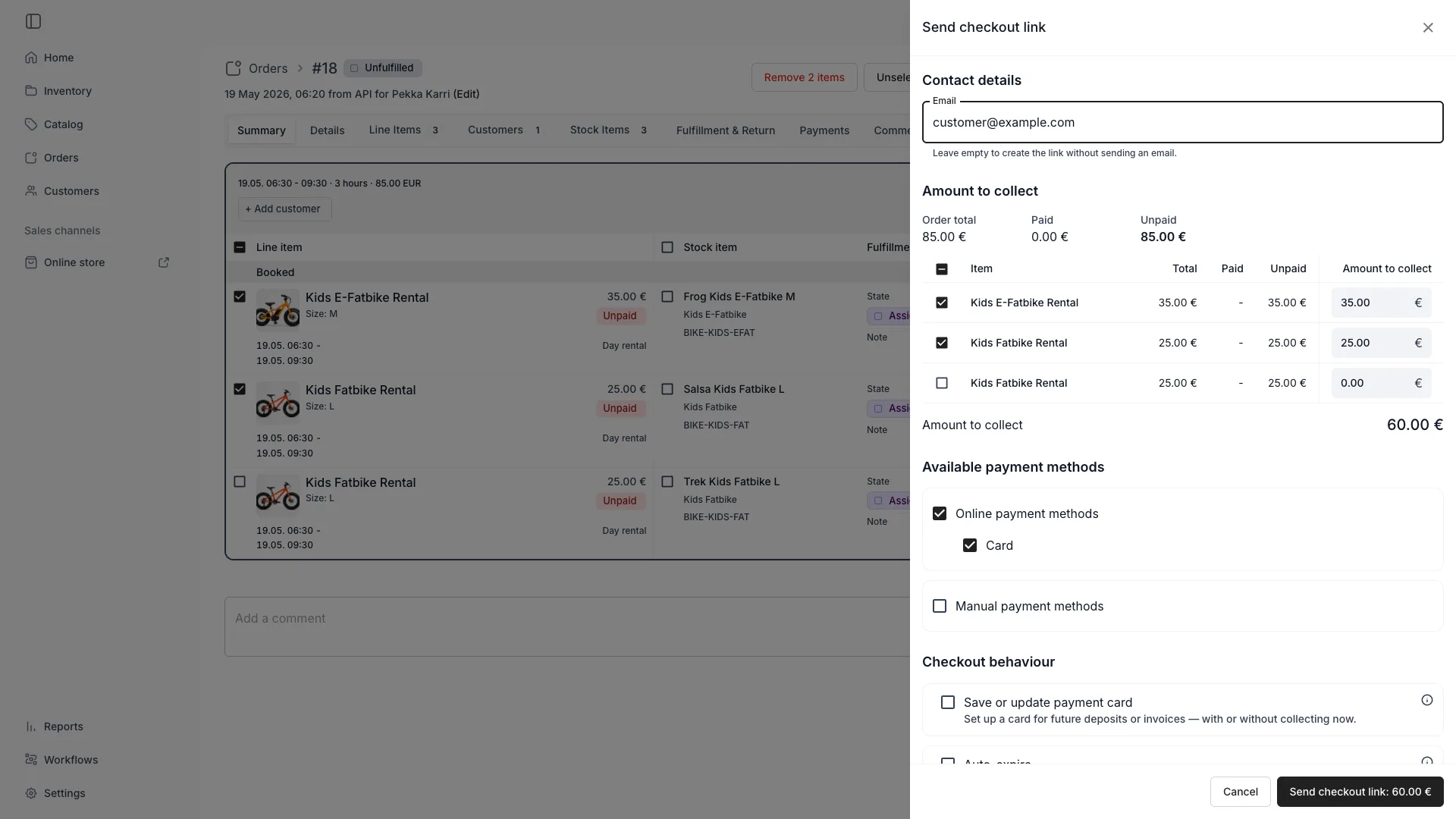 Send checkout link drawer: two of three lines ticked at their remainder, the third at 0.00, and the button totalling 60.00