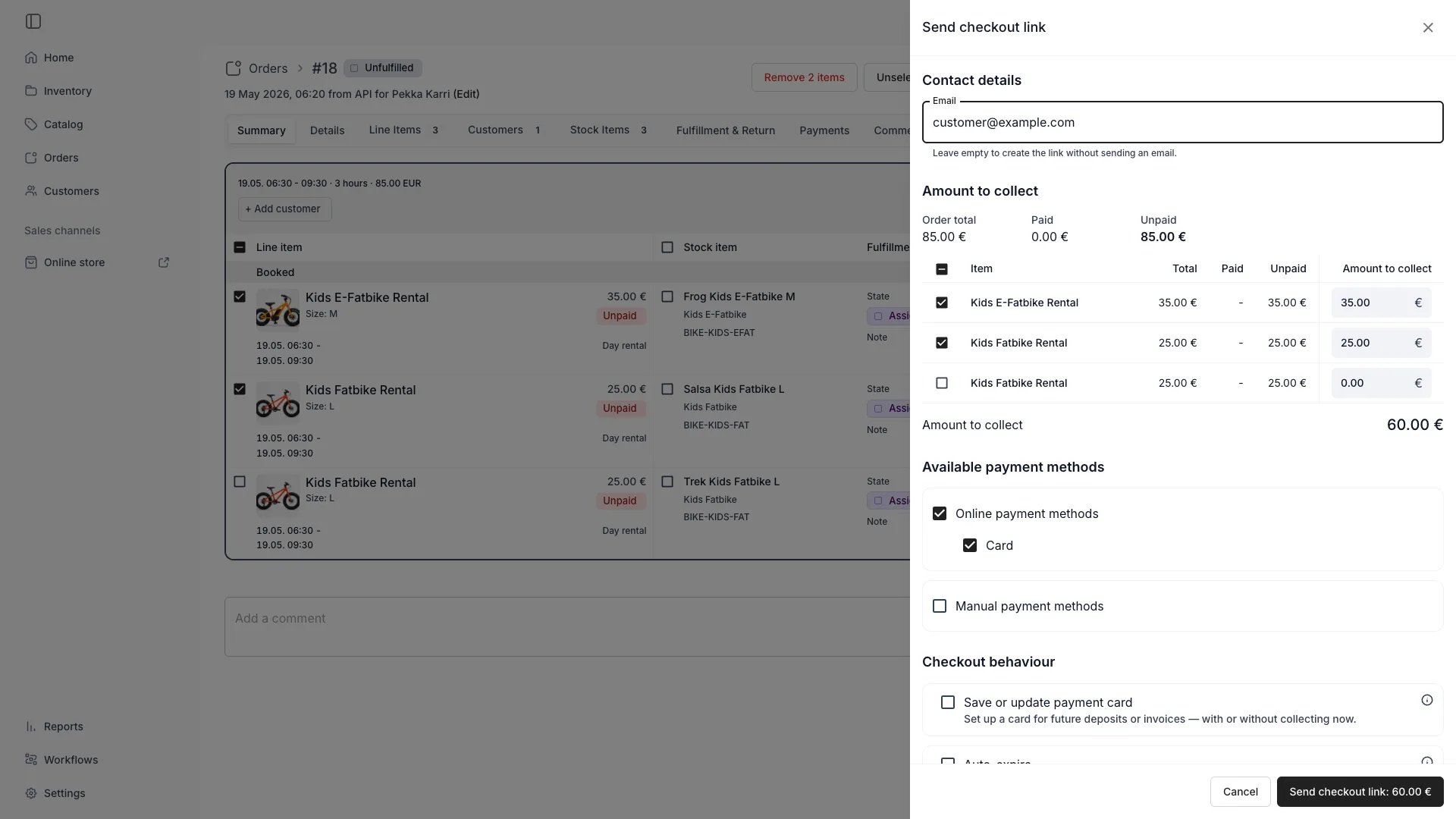 Send checkout link drawer: two of three lines ticked at their remainder, the third at 0.00, and the button totalling 60.00