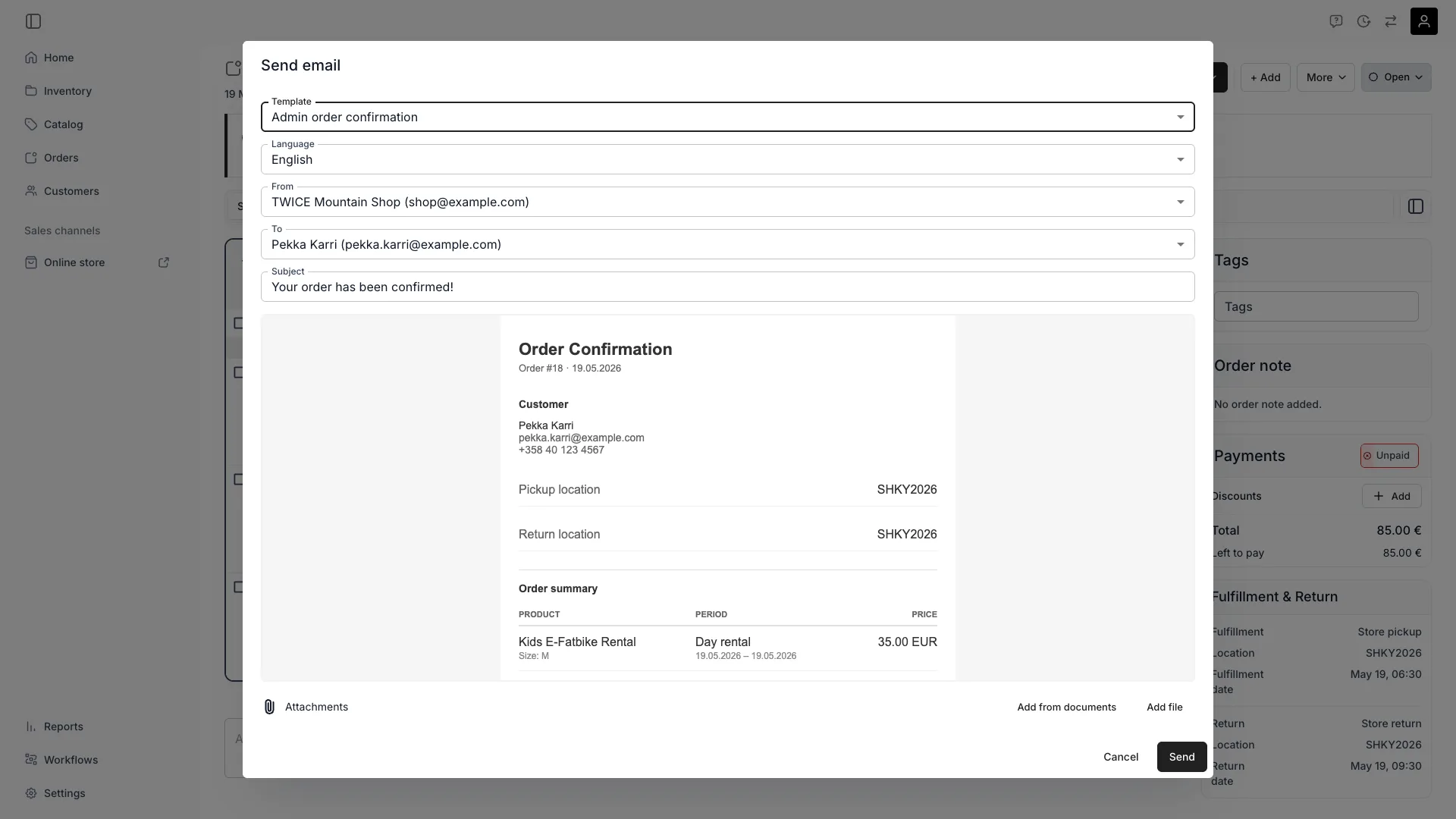The Send email dialog with a template picked, so the Language field sits below Template, above From and To