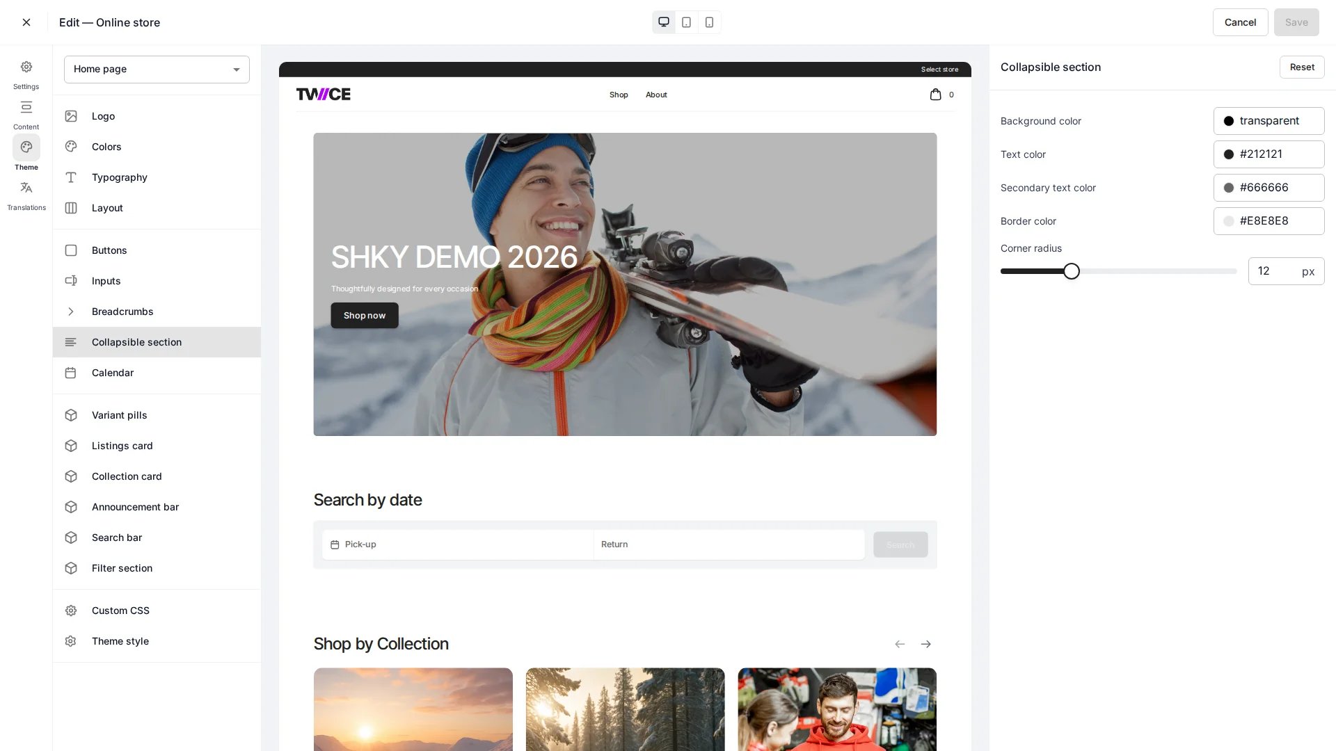 Collapsible section settings panel in the theme editor
