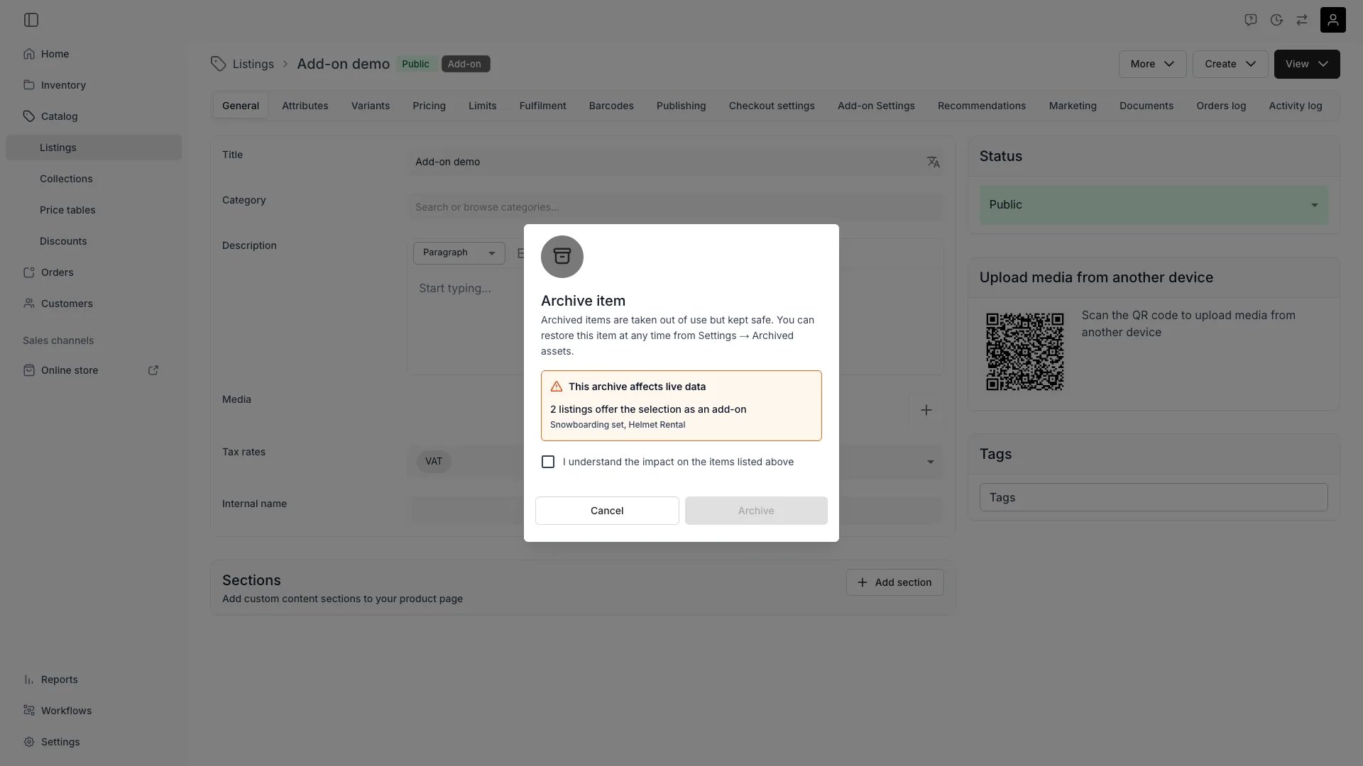 Archive confirmation dialog with an impact scan warning and acknowledgement checkbox