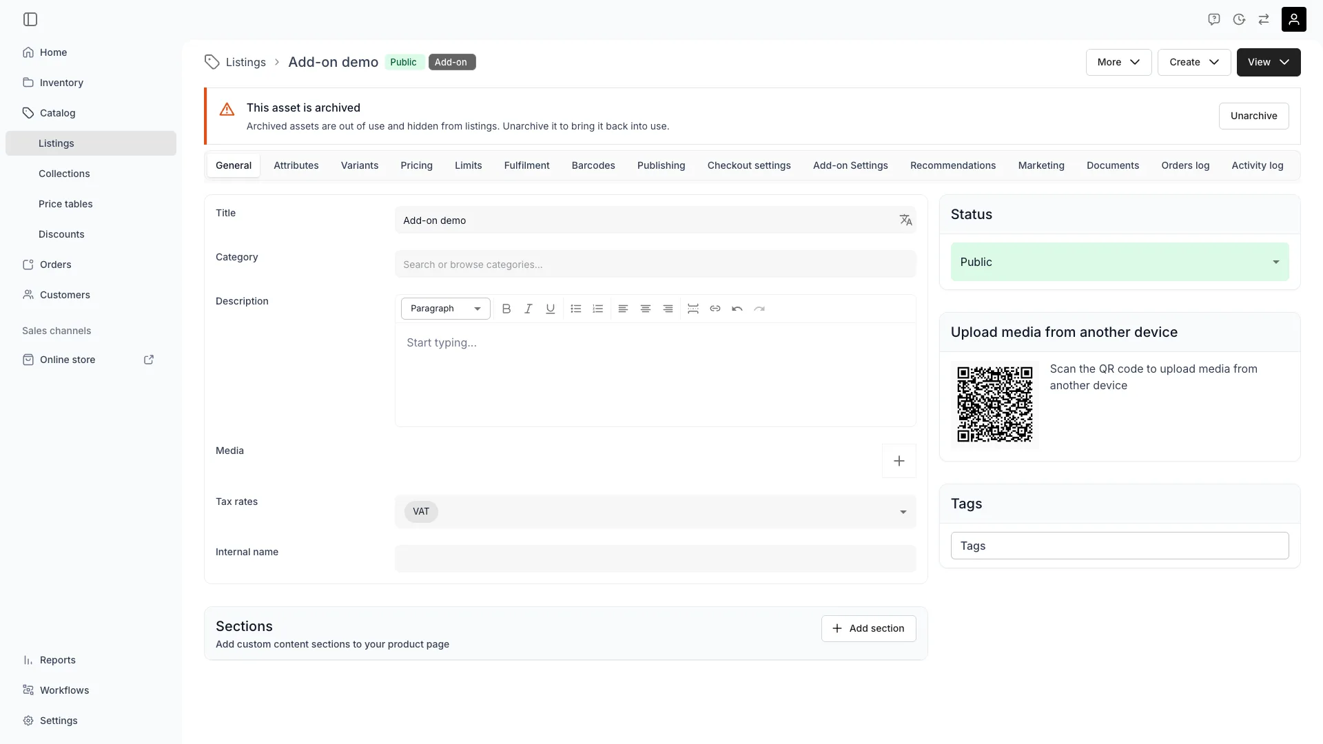 Archived asset banner on a listing detail page with an inline Unarchive button