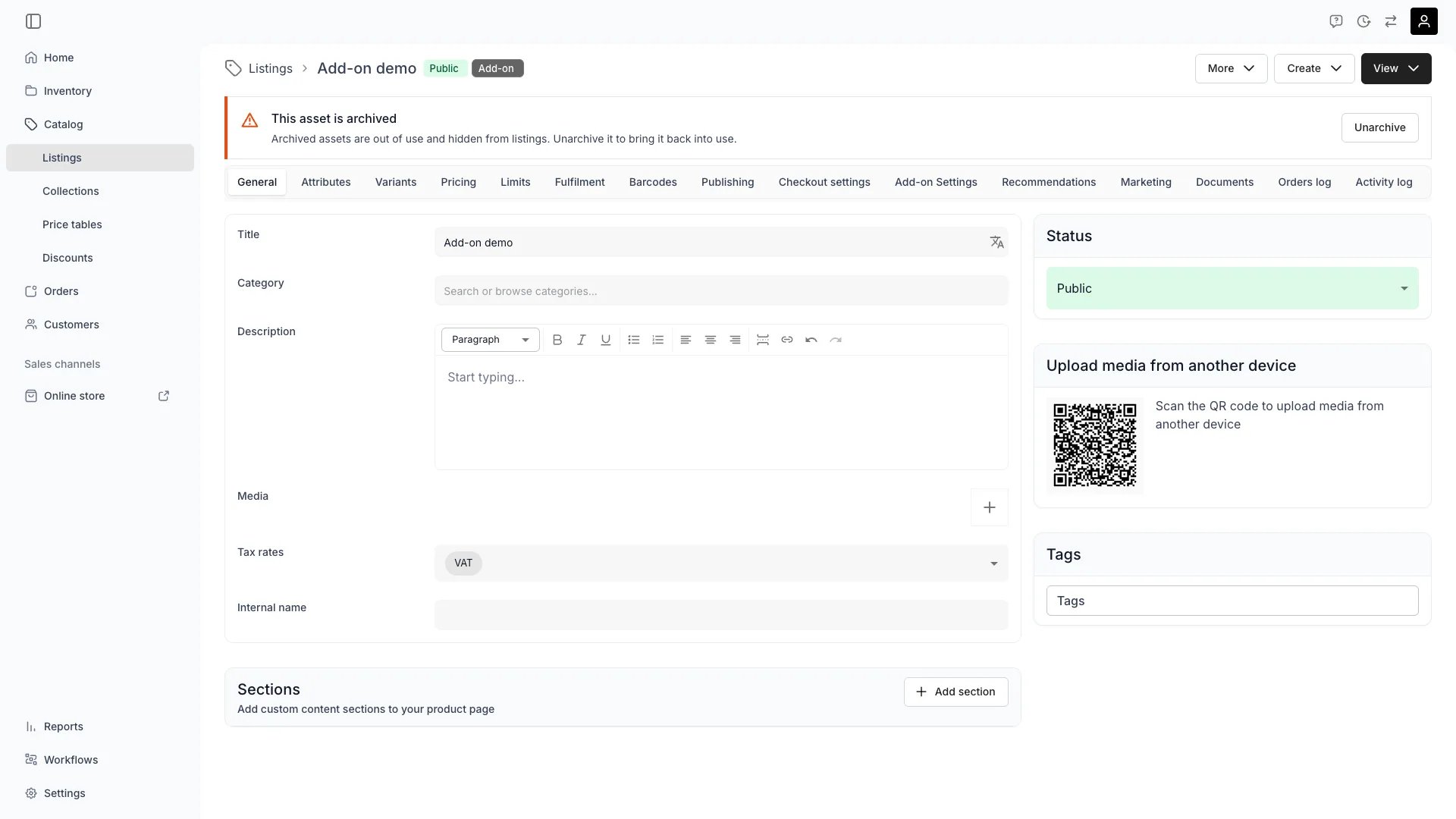 Archived asset banner on a listing detail page with an inline Unarchive button