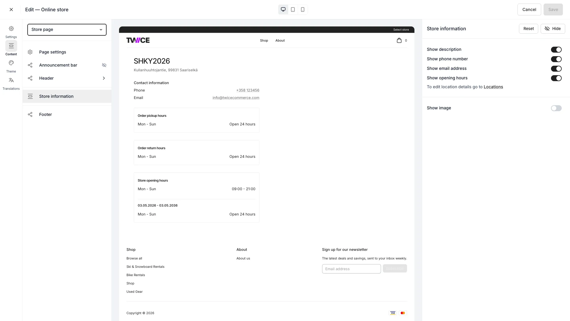 Store page template in the theme editor
