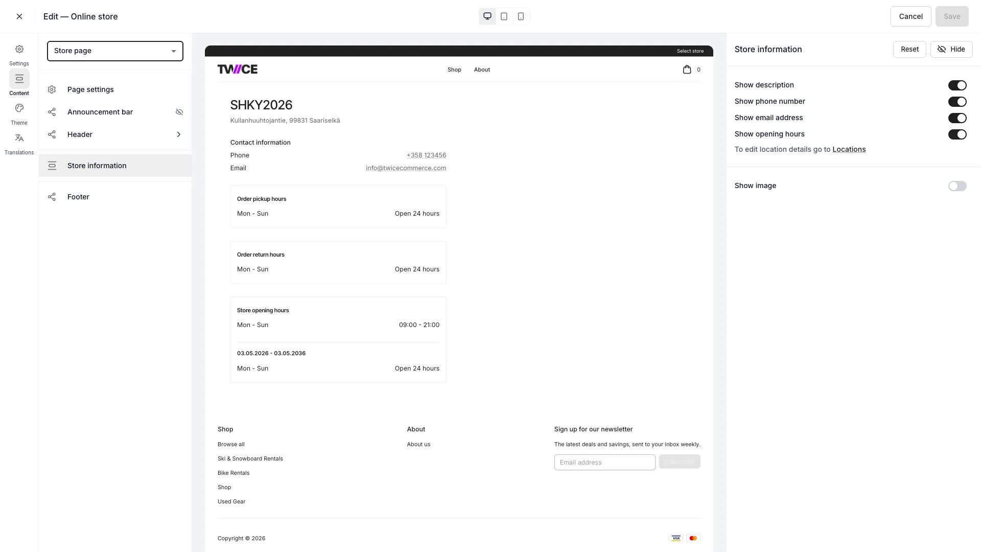Store page template in the theme editor