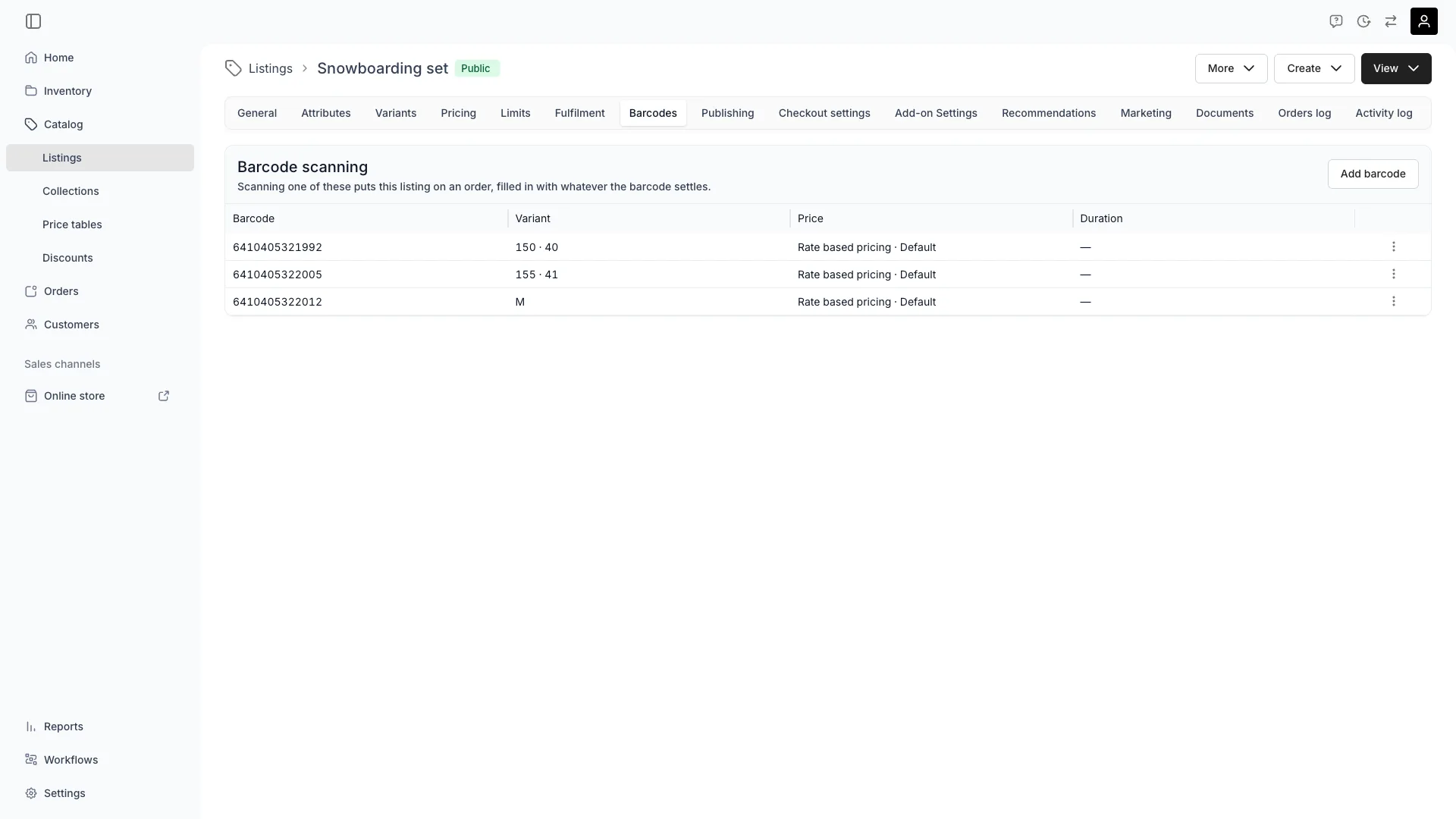 Listing barcodes tab showing barcode assignments