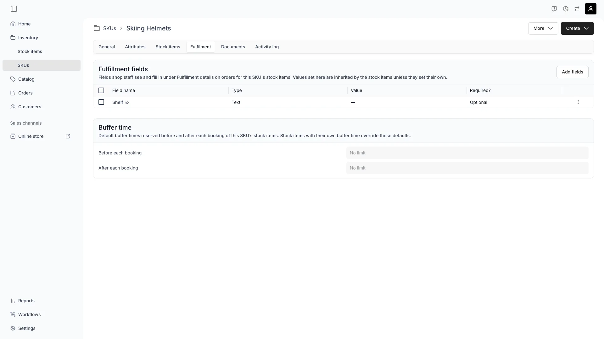 The SKU Fulfilment tab with the Fulfillment fields card above the Buffer time card