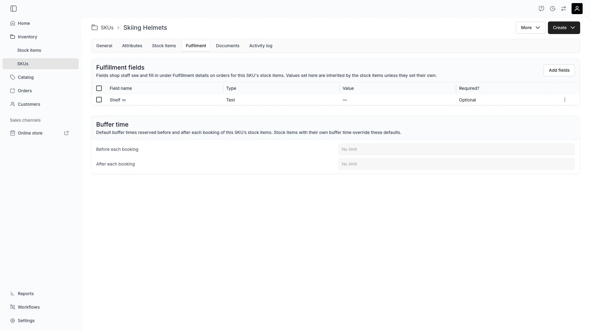 The SKU Fulfilment tab with the Fulfillment fields card above the Buffer time card