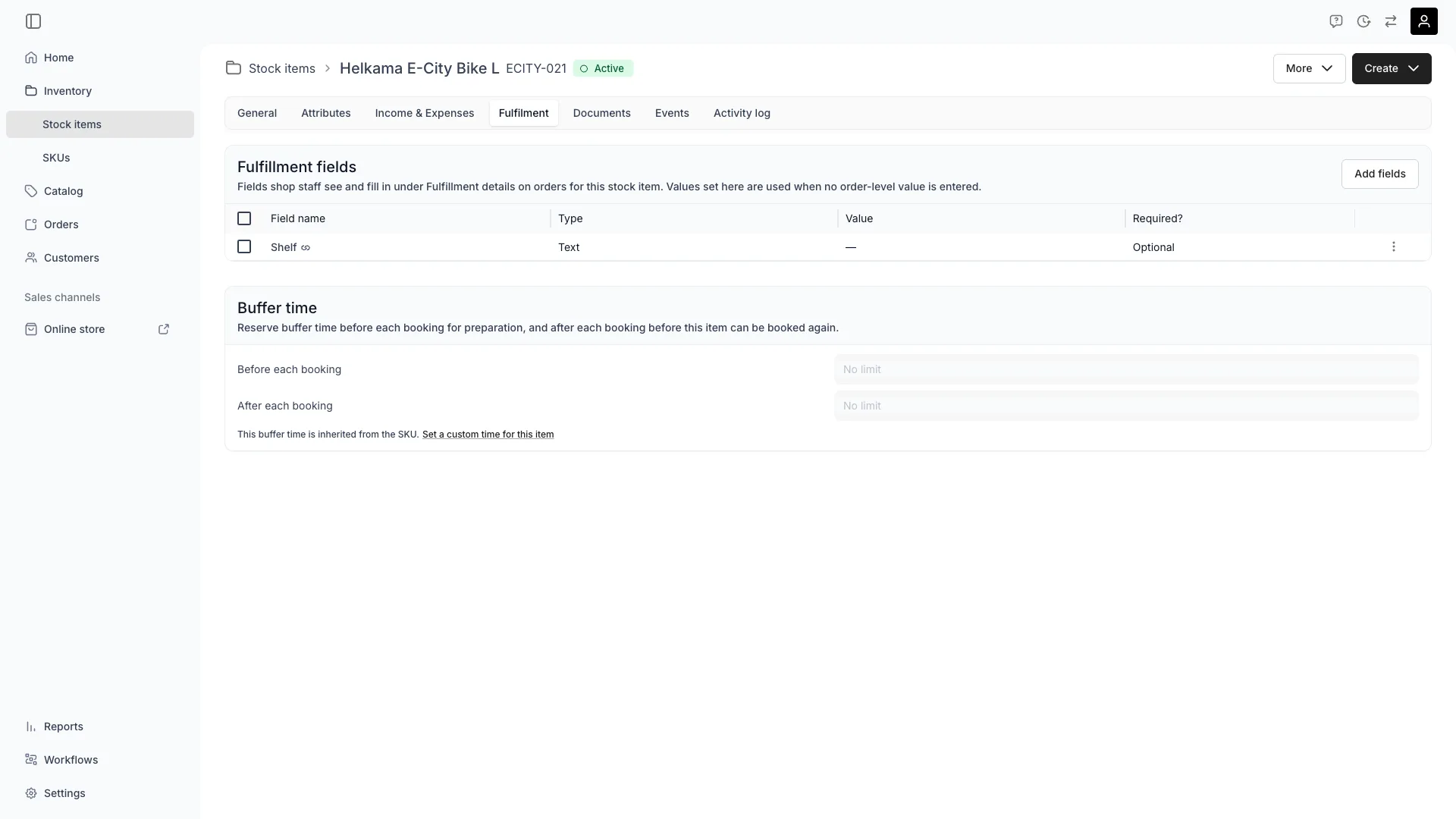 The stock item Fulfilment tab with the Fulfillment fields and Buffer time cards