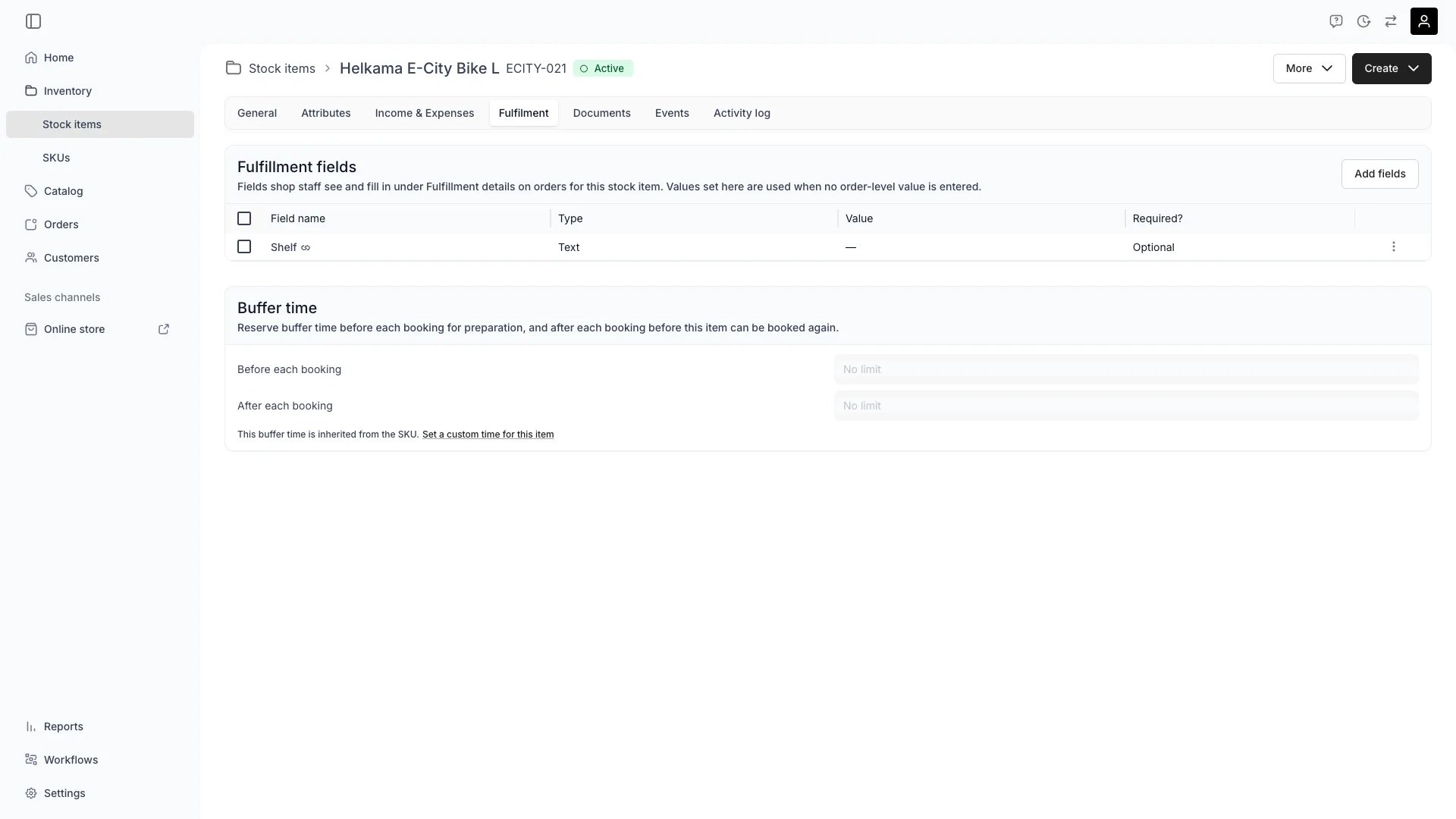 The stock item Fulfilment tab with the Fulfillment fields and Buffer time cards