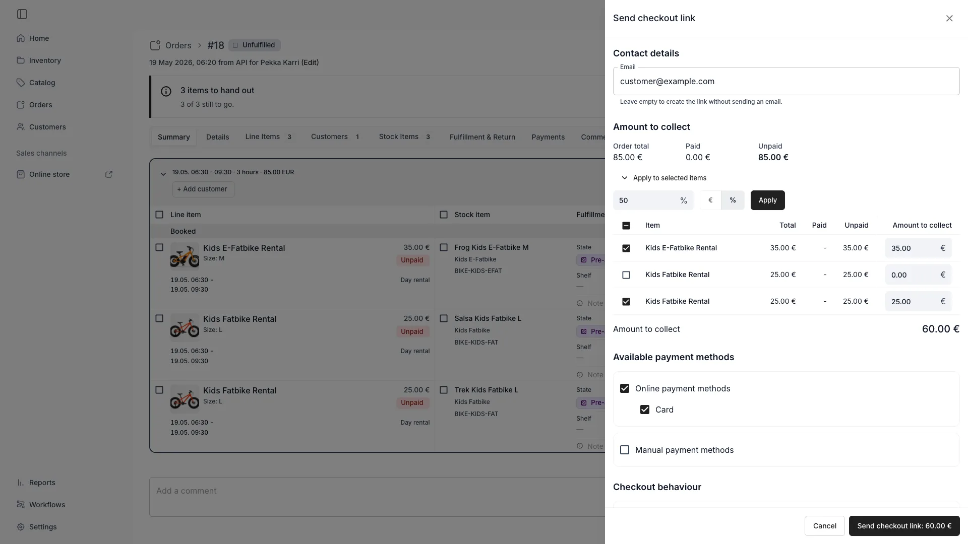 The Send checkout link drawer with Apply to selected items expanded, showing the amount field, the currency and percent toggle, and Apply