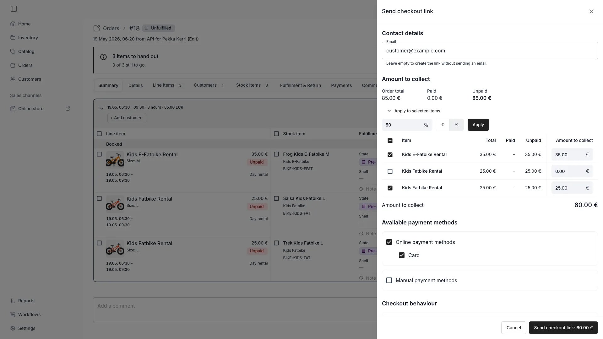 The Send checkout link drawer with Apply to selected items expanded, showing the amount field, the currency and percent toggle, and Apply