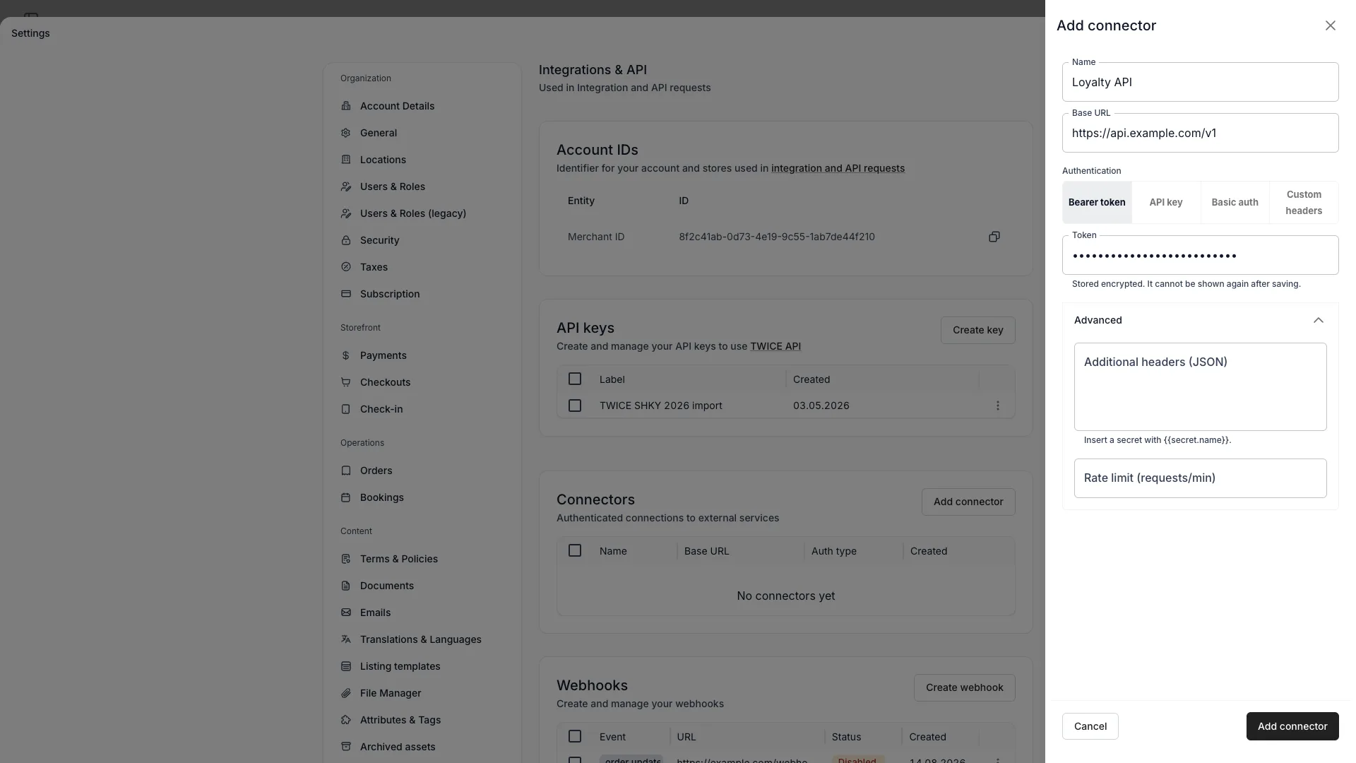The Add connector drawer with the Authentication toggle, Base URL, Token and Advanced sections