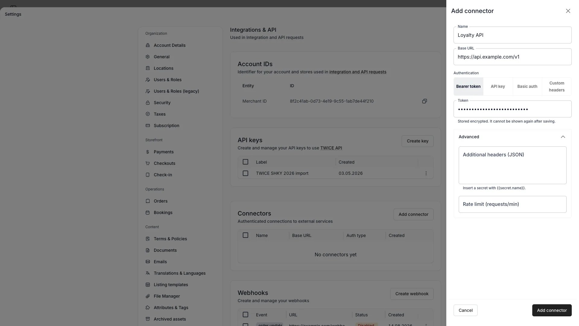 The Add connector drawer with the Authentication toggle, Base URL, Token and Advanced sections