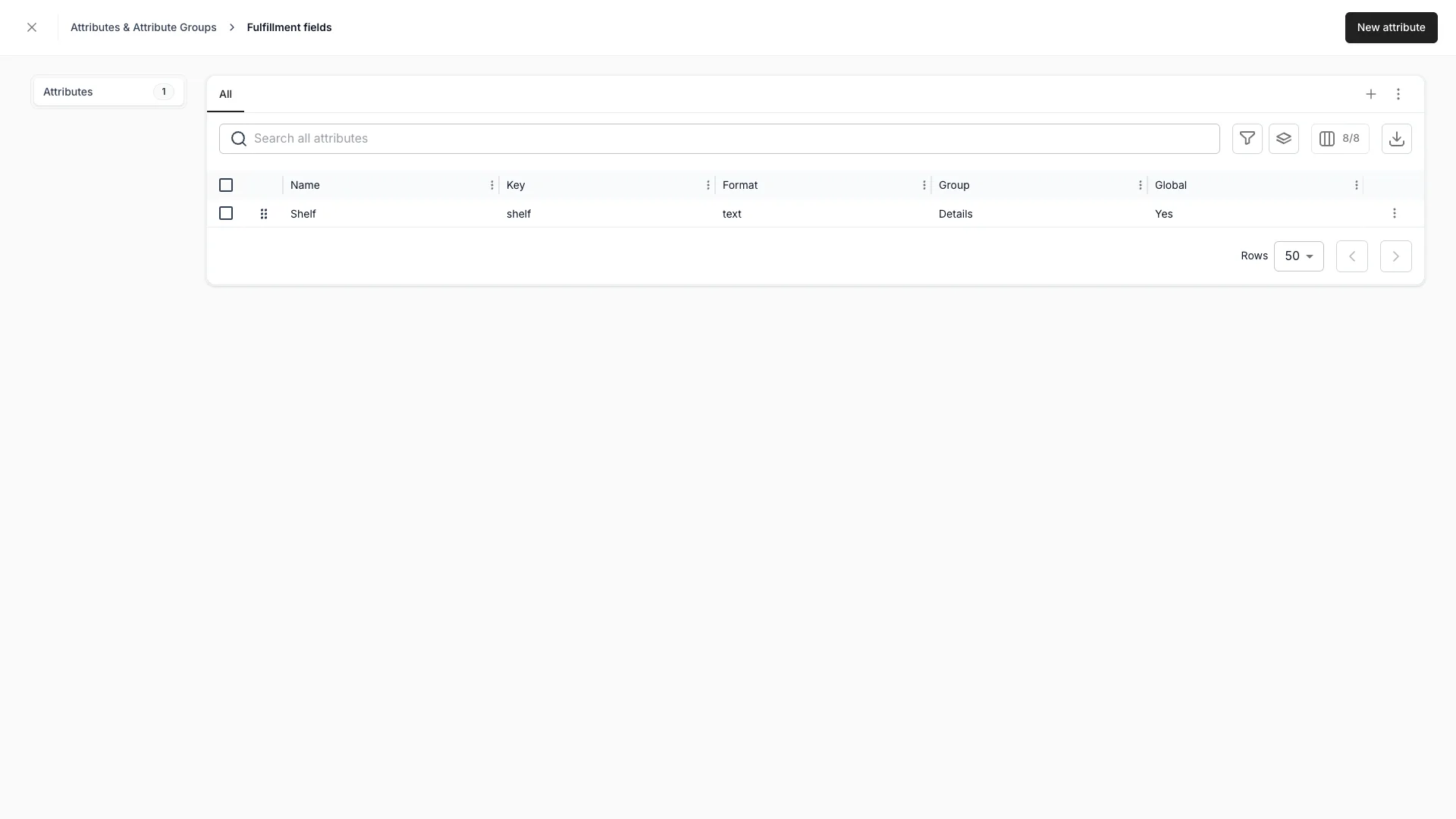 The Fulfillment fields table with one field, showing Name, Key, Format, Group and Global