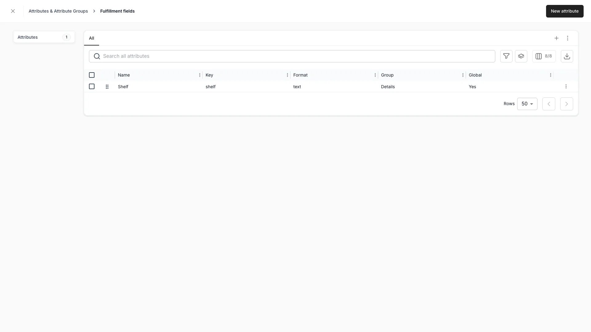 The Fulfillment fields table with one field, showing Name, Key, Format, Group and Global