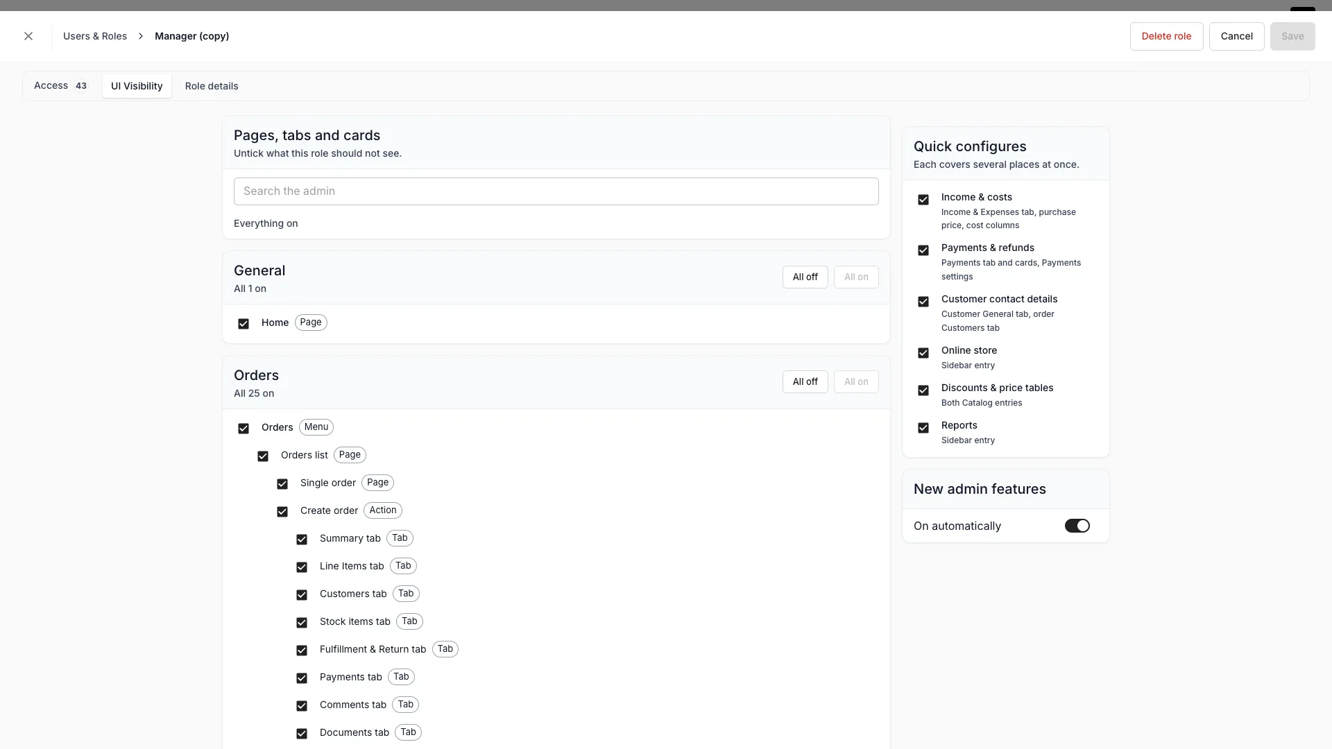 The UI Visibility tab with the element tree beside the Quick configures panel