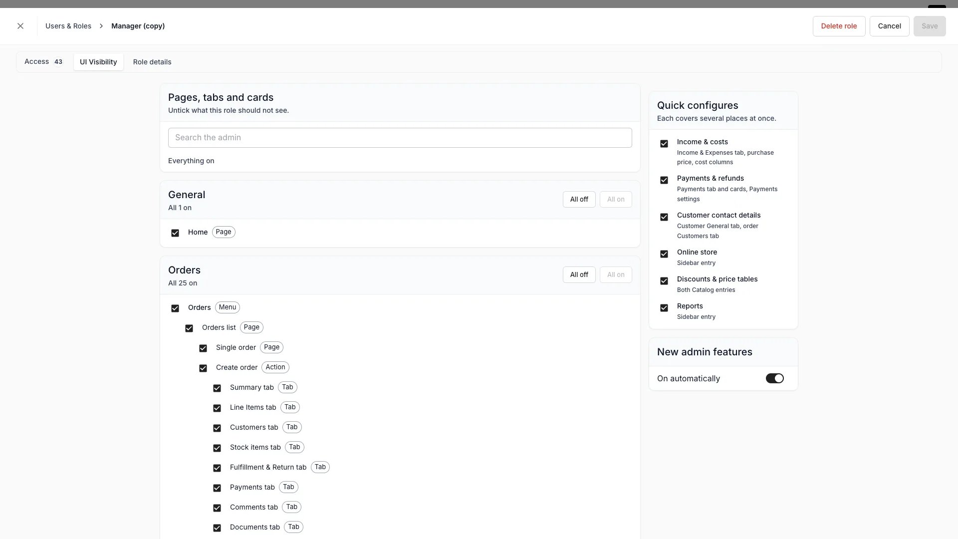 The UI Visibility tab with the element tree beside the Quick configures panel